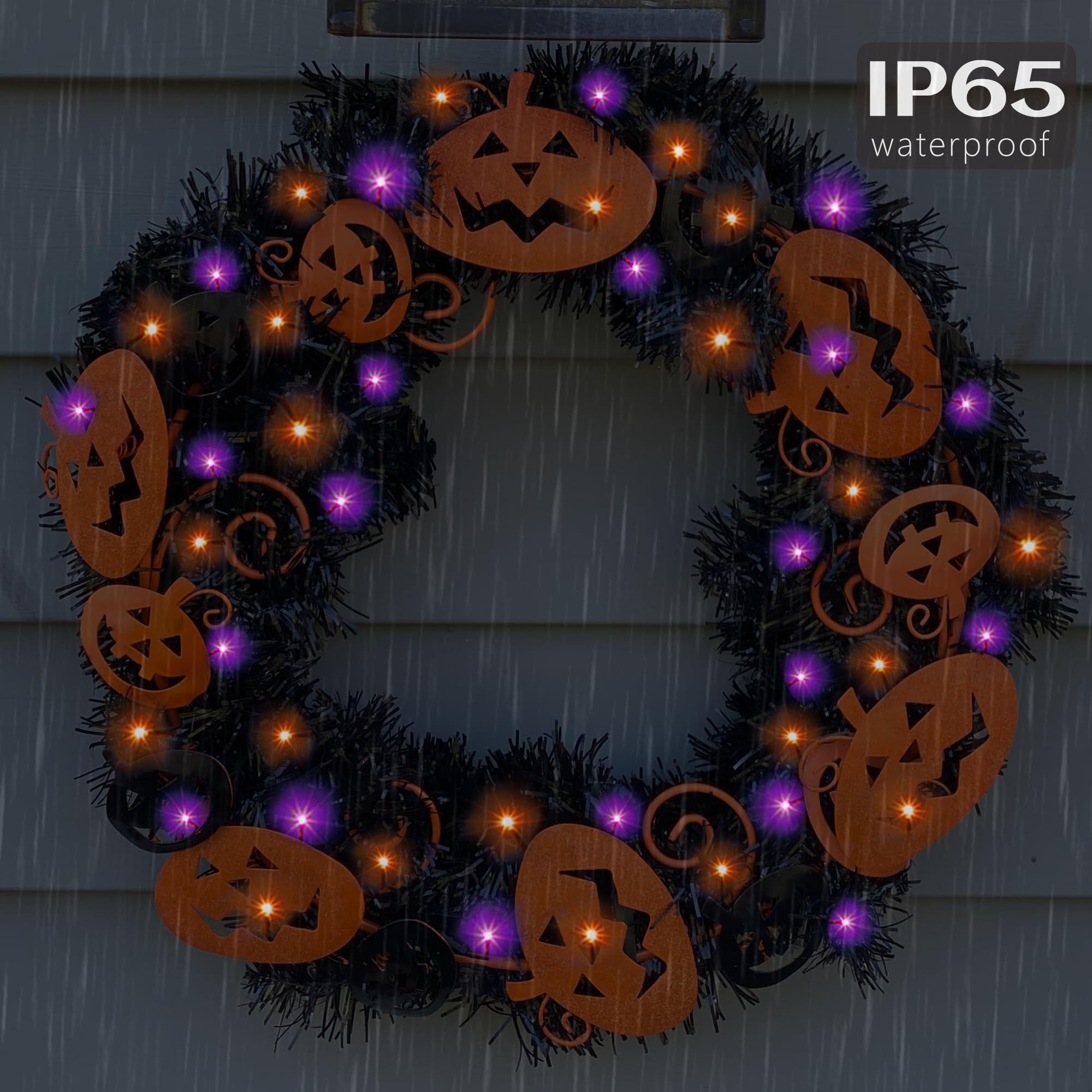 Flechllary - Confezione da 400 luci solari per Halloween, 400 LED, arancioni e viola, luci solari per esterni, con 8 modalità, impermeabili, per patio, giardino, feste, cortile, decorazione