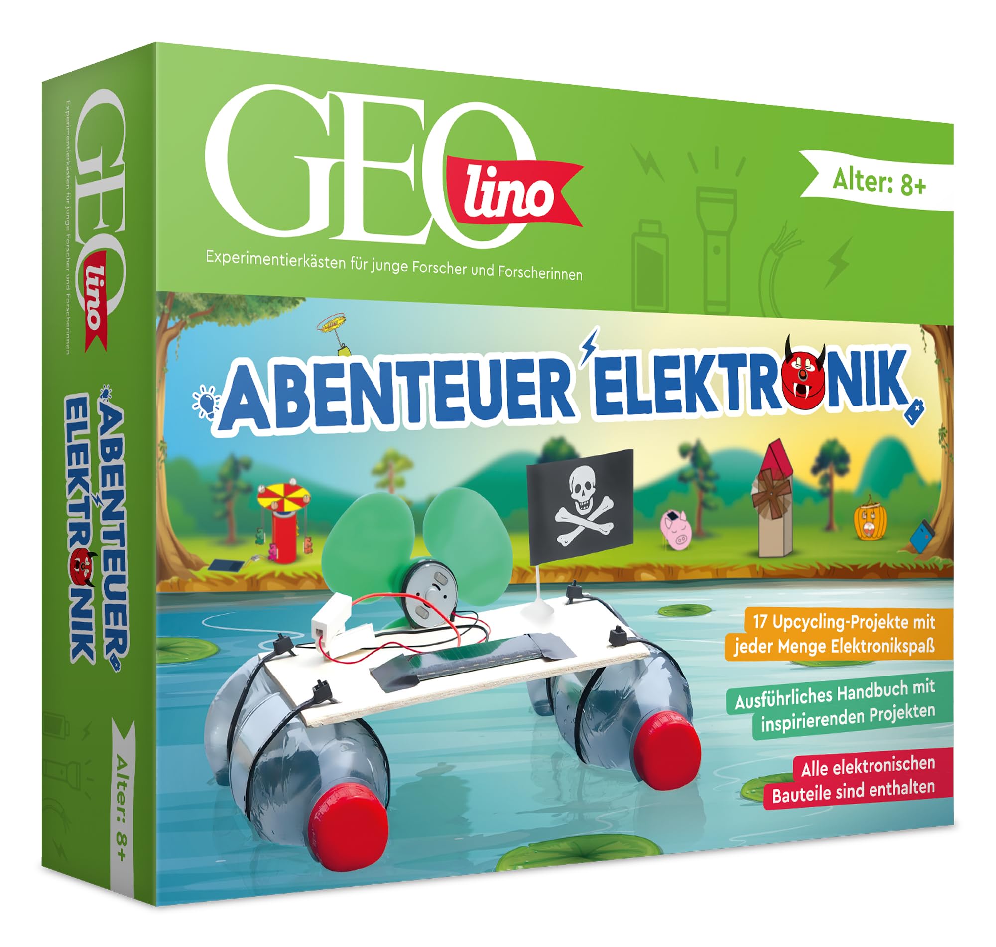 FRANZIS 67073 - GEOlino Experimentierkasten Abenteuer Elektronik, Set mit Solarmodul, LEDs, Solarmotor, Propeller, Handbuch und weiterem Zubehör, ab 8 Jahren, keine Vorkenntnisse nötig
