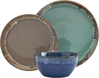 Tabletops Gallery Tuscan Reactive Glaze Stoneware- Dining Entertainment Plate Bowl Ceramic, 12 Piece Tuscan Dinnerware Set (Blue, Green, and Brown)