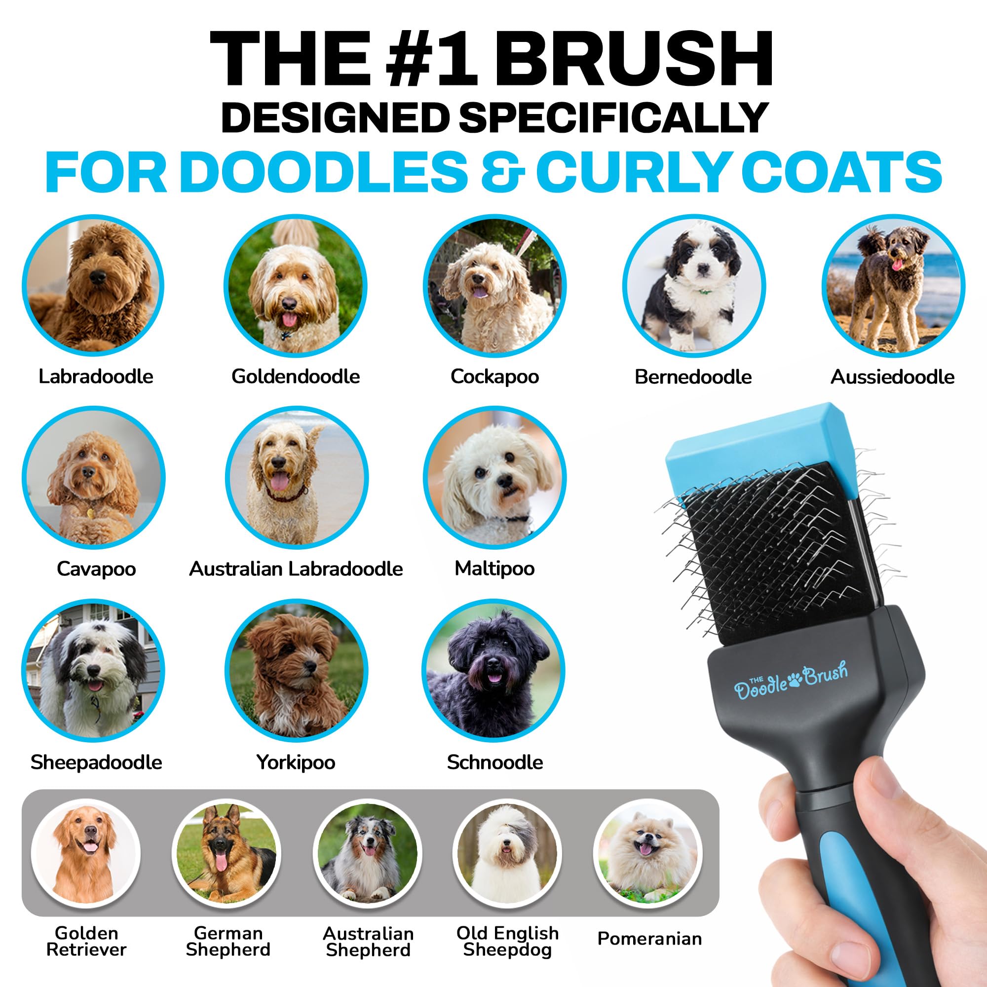 The Doodle Brush Brosse Lissante Tête Simple pour Chiens Slicker | Démêle les Nœuds, Longues Épingles, Tête Flexible, Manche Ergonomique, Pour Doodles, Toilettage Quotidien