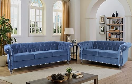 RARZOE Moderno juego de sofá de 2 piezas para sala de estar, contemporáneo con botones copetudos, sofá Chesterfield de tres plazas y sofá de dos