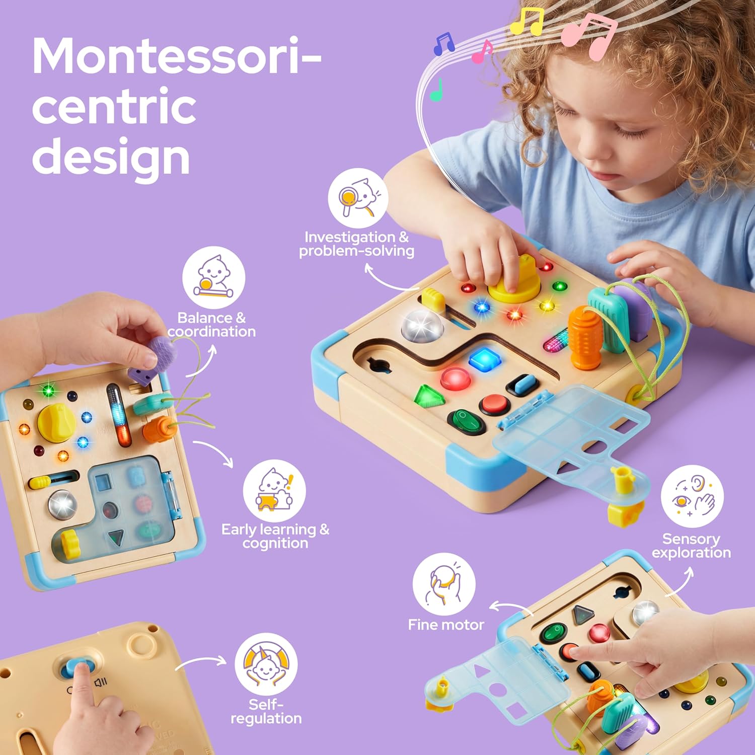 lalalark Busy Board with 15 LED Light – Montessori Learning Toddler Toy with 9 Sounds, 5 Switches & Plugs, Travel Toys Sensory Activity Board for 1 2 3 Years Old Boy & Girl Birthday Gift
