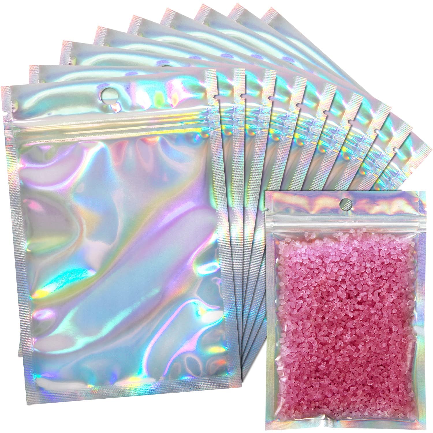 EgticLive 100 Pack Resealable Holographic Bags for Small Business, Iridescent Mylar Bags with Clear Front Smell Proof Foil Packing Pouches for