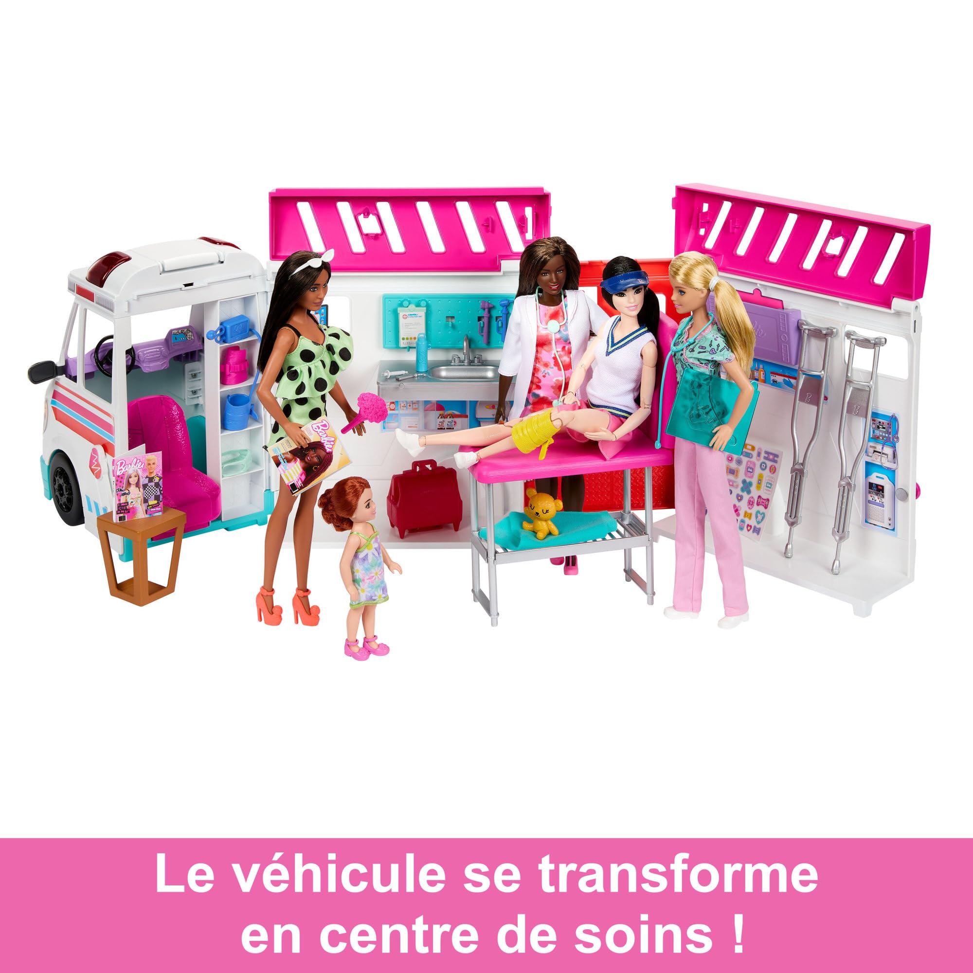 Barbie Coffret Véhicule Médical, Ambulance Transformable en Clinique, avec Lumières et Sons, Plus de 20 Accessoires Inclus, Jouet pour Enfant de 3 Ans et Plus, HKT79