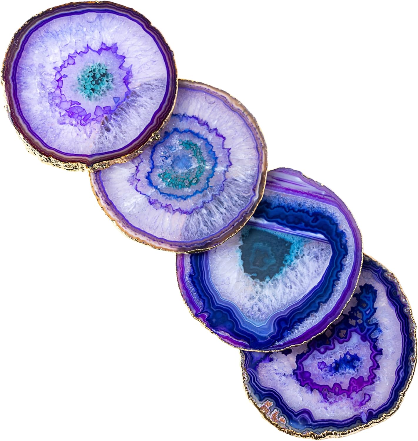 Nature's Decorations Purple Gold Rimmed Agate Stone Coasters - Set of 4, Polished Geode Drink Mats for Dining & Coffee Table & Kitchen Geode Decor Non-Toxic 3.5-4" Diameter