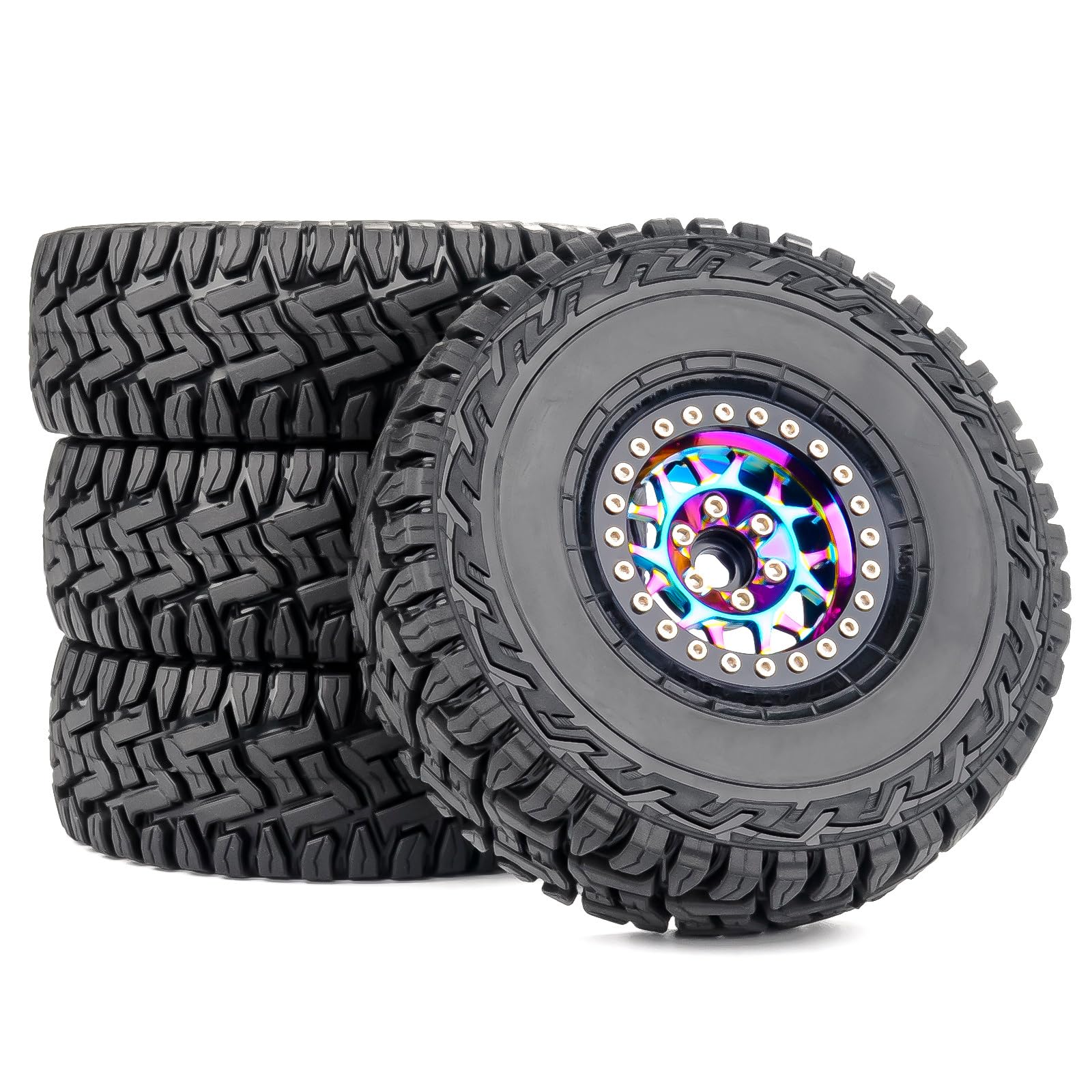 PYFORE Rainbow Aluminum 1.9 Beadlock Wheels & Tires Combo, Mud Slingers Tires for TRX4, Axial SCX10 II III, Redcat Gen 8, VS4-10 1/10 Scale RC Crawler (4pcs) (I)