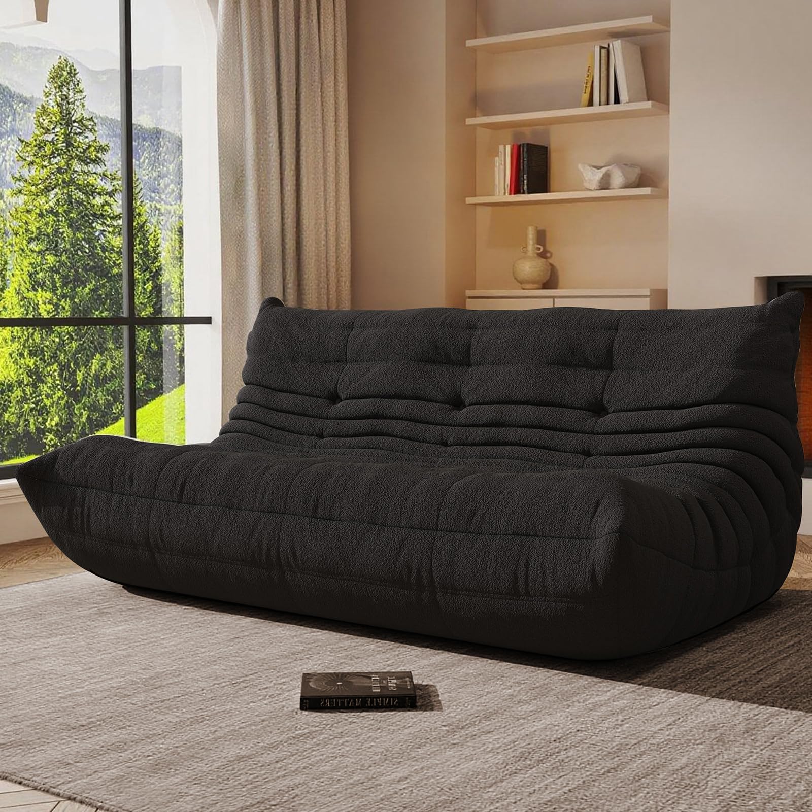 Giant Bean Bag Chair, Oversized Cloud Soft Memory Foam Bean Bag Sofa, Vacuum Compressed No Assembly Comfortable Lounge Couch for Living Room Family Rest Leisure Use (Black, 3-Seater)