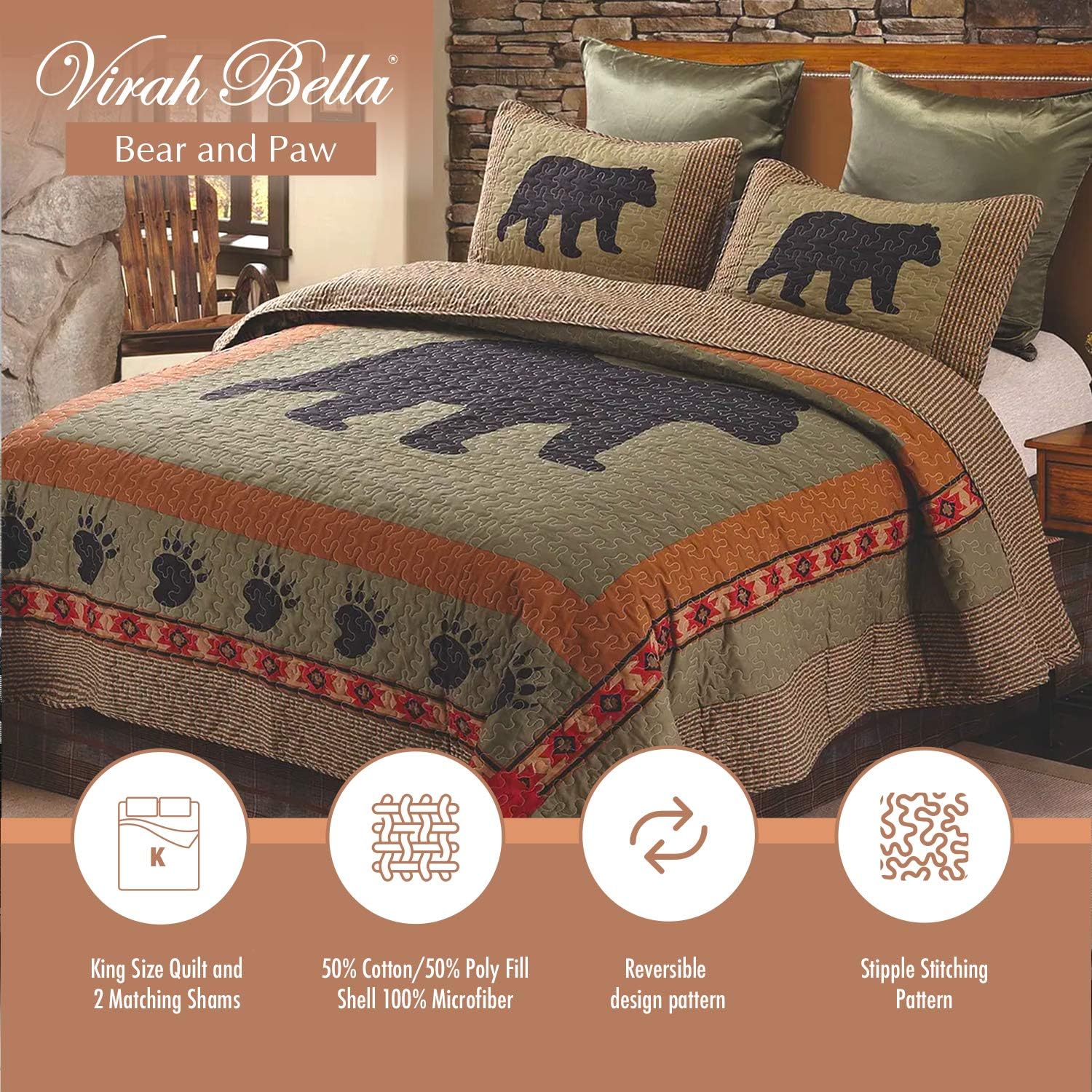 Virah Bella Quilt Collection - Bear & Paw Printed Bedding Set, 3-Piece King - Reversible Quilt with 2 Matching Pillow Shams King Bear and Paw