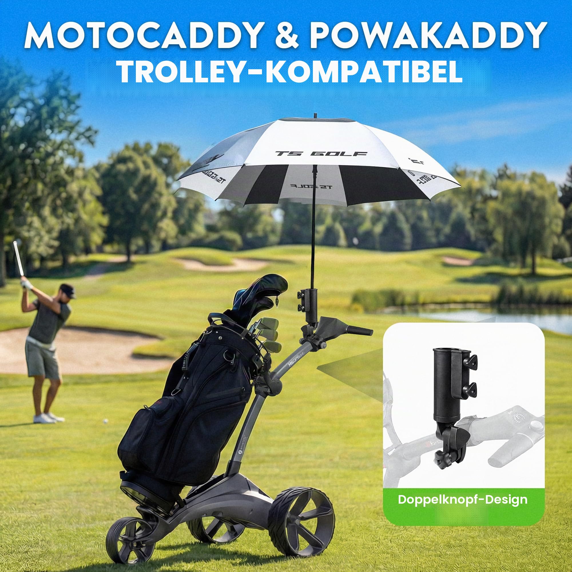 Motocaddy Powakaddy Universal-Golfschirmhalter, passend für alle Modelle, Zubehörstation auf Rahmen, Golfwagen-Regenschirmhalter, verstellbarer Ständer, Golftrolley