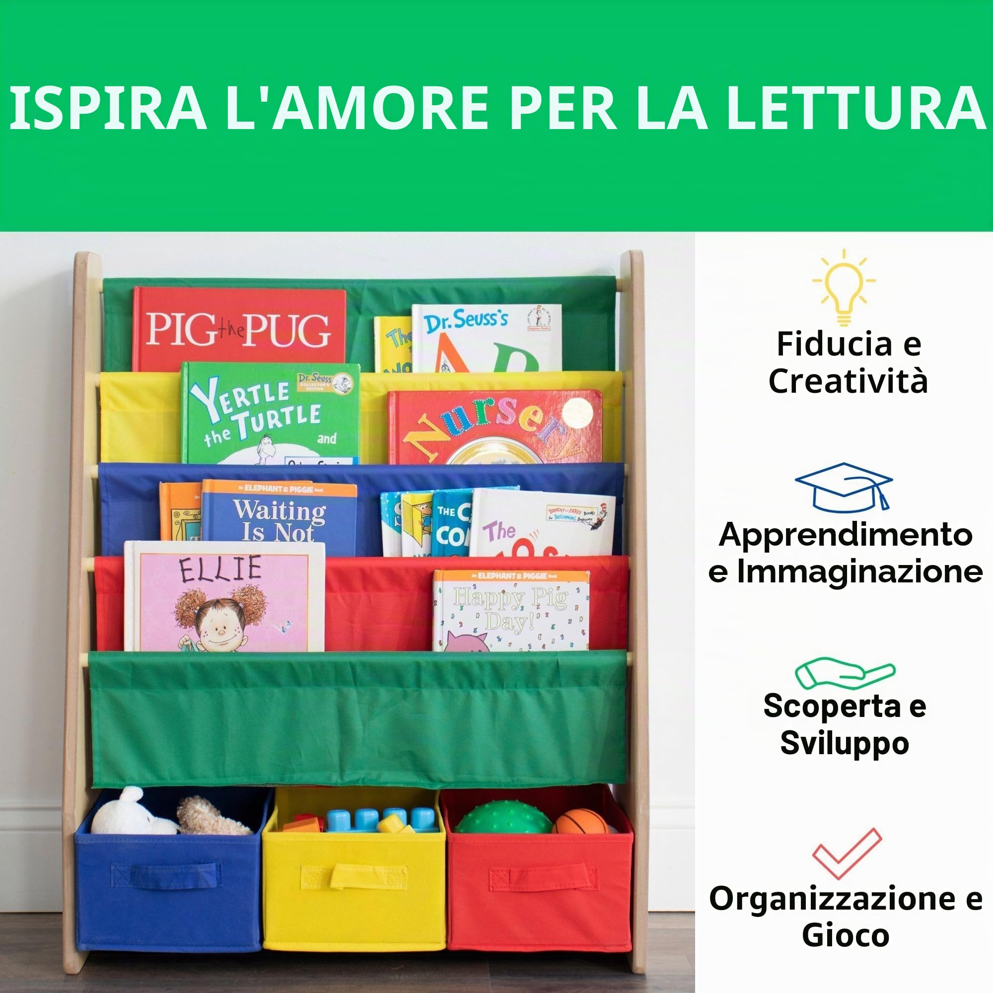 HumbleCrew Libreria Bambini Vivida: Scaffale 4 Ripiani per Libri, Colori Primari Allegri, Perfetta per Camerette Creative e Organizzate dei Piccoli
