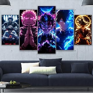 Oil Painting Canvas Framed Art Different Animes Demon Slayer Dbs Jujutsu Kaisen Death Note Solo Leveling Wall Colorful Set of 5 Ready To Hang Different sizes (D, 59x33inch, Framed)