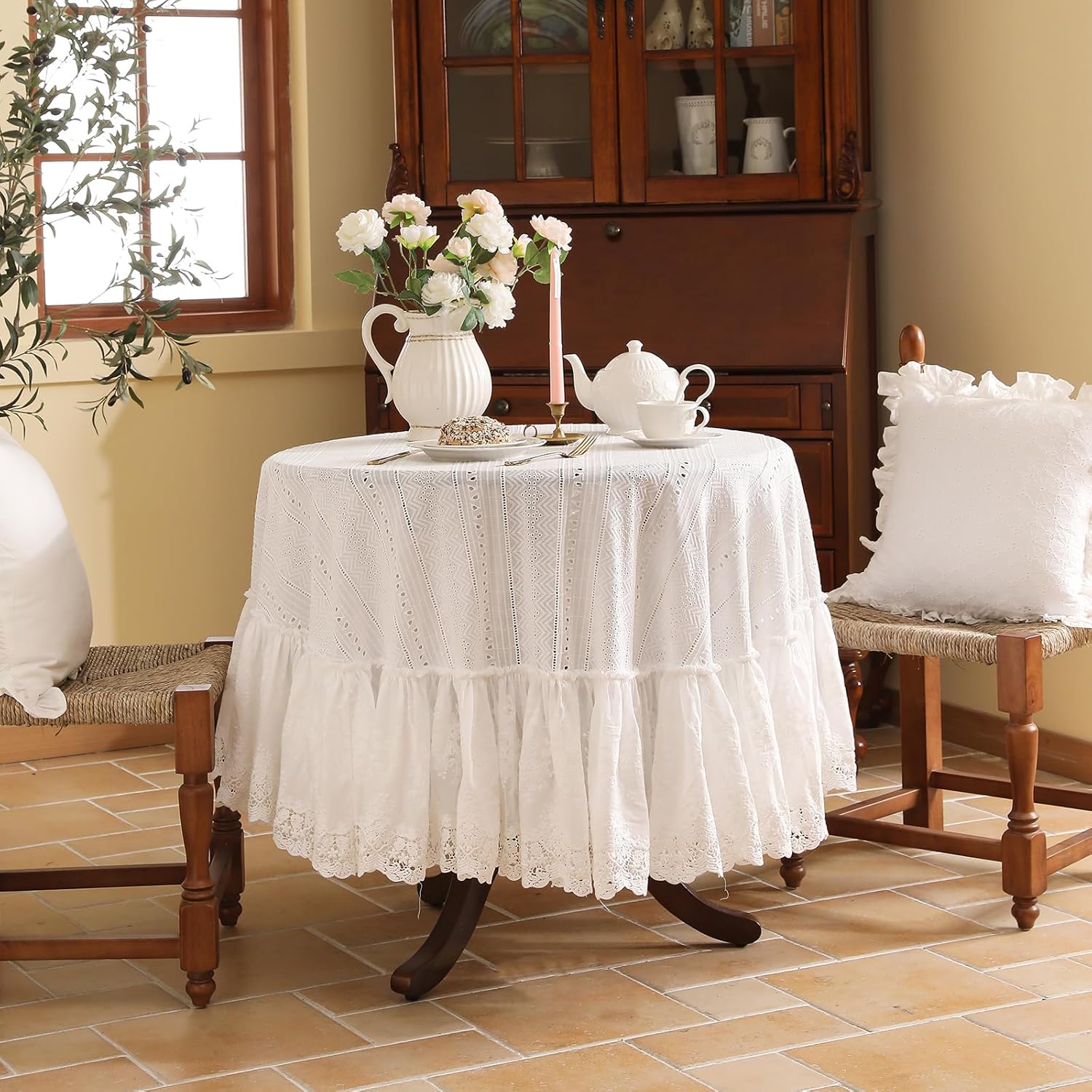 patdrea Vintage White Lace Tablecloth,Design Embroidered Cotton Ruffle Table Cloth for Round Table,Elegant Rustic Fabric Decorations for Wedding Party Thanksgiving Christmas Diameter 71"