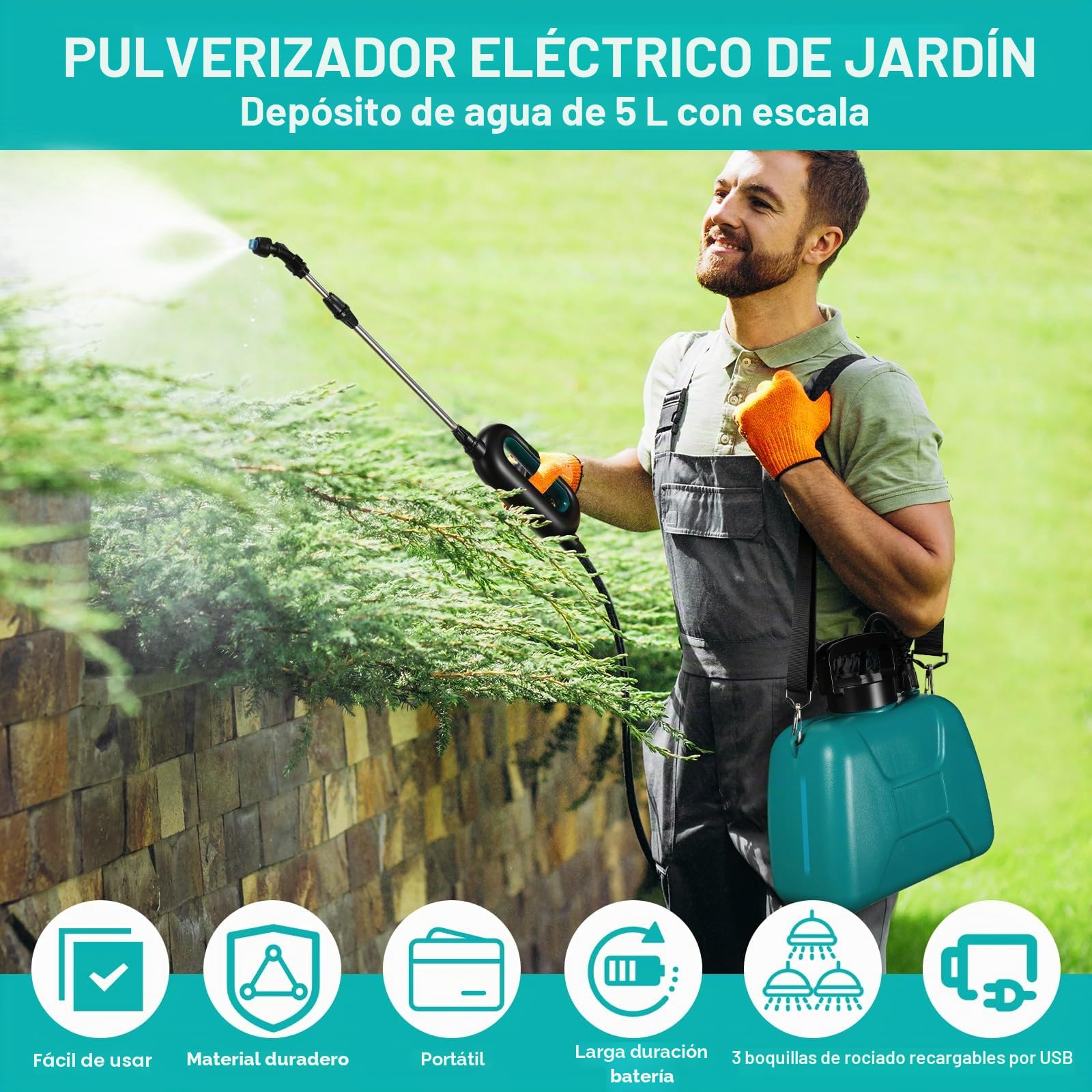 TLGREEN Pulverizador Eléctrico 8L, 7.4V/2000mAh Pulverizador de Jardín a Batería Recargable, con 3 Boquillas Regulable Varita Retráctil, Correa de Hombro Ajustable, para Plantas Jeringa de Malas