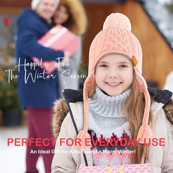 Kids Winter Beanie Hat with Pom Pom, Winter Fleece Lining Skiing Caps with Warm Ear Flap 4-10 Years