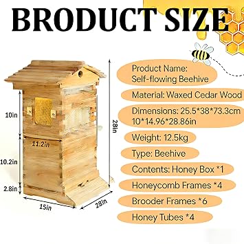 Flow Hive Beehive,Bee Hive Starter Kit–Automat,ic Beehive Box Set For Easy Beekeeping,Beeswax Coated Cedar,WoodWith Observation Window,Complete Bee Hive Boxes For Beginners.