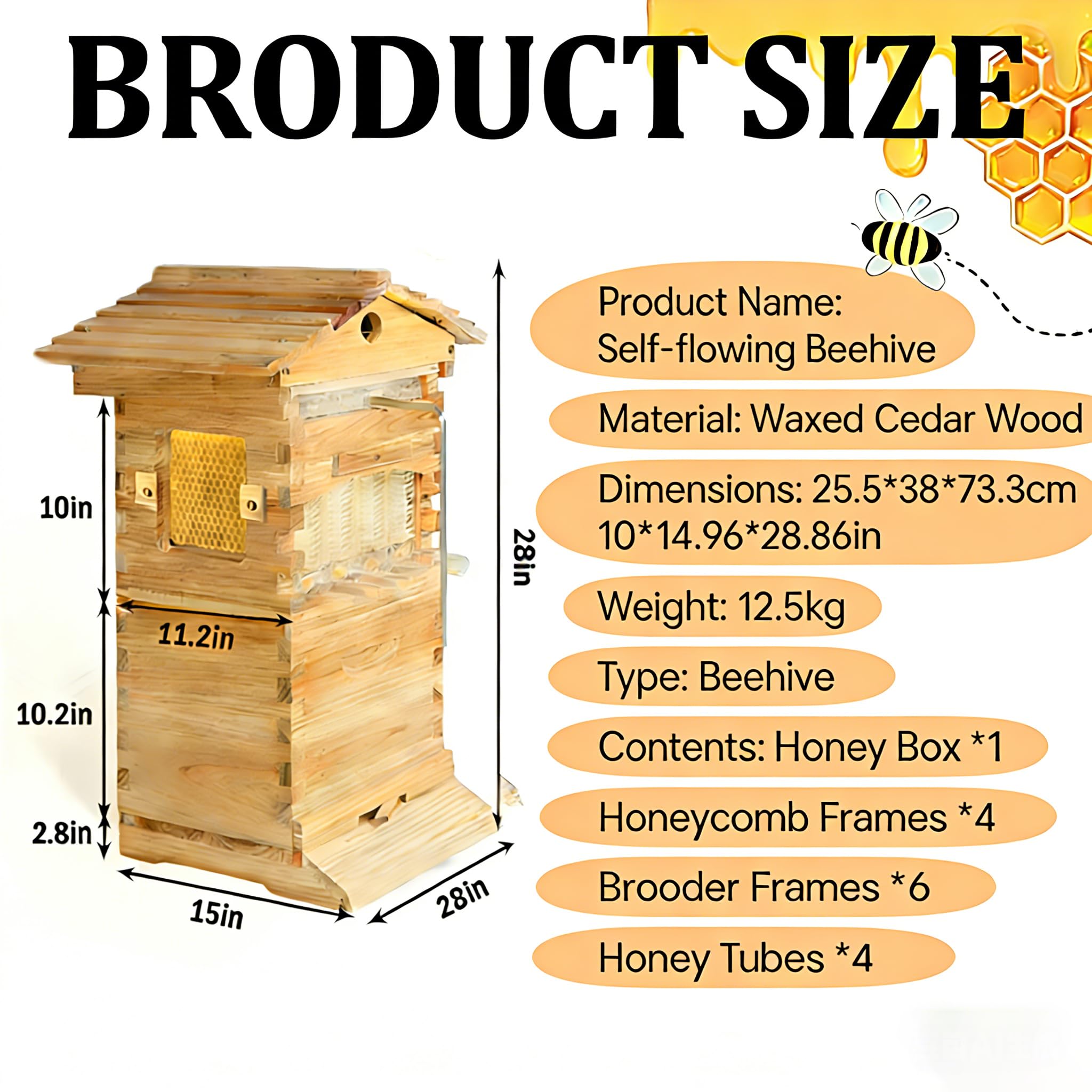Bienenstock-Starterset,Selbstfließender Honigstock Mit Sichtfenster Und Honigdüse,Kompletter Hölzerner Bienenstock Mit 4 Bienenrahmen Und 6 Honigwaben.