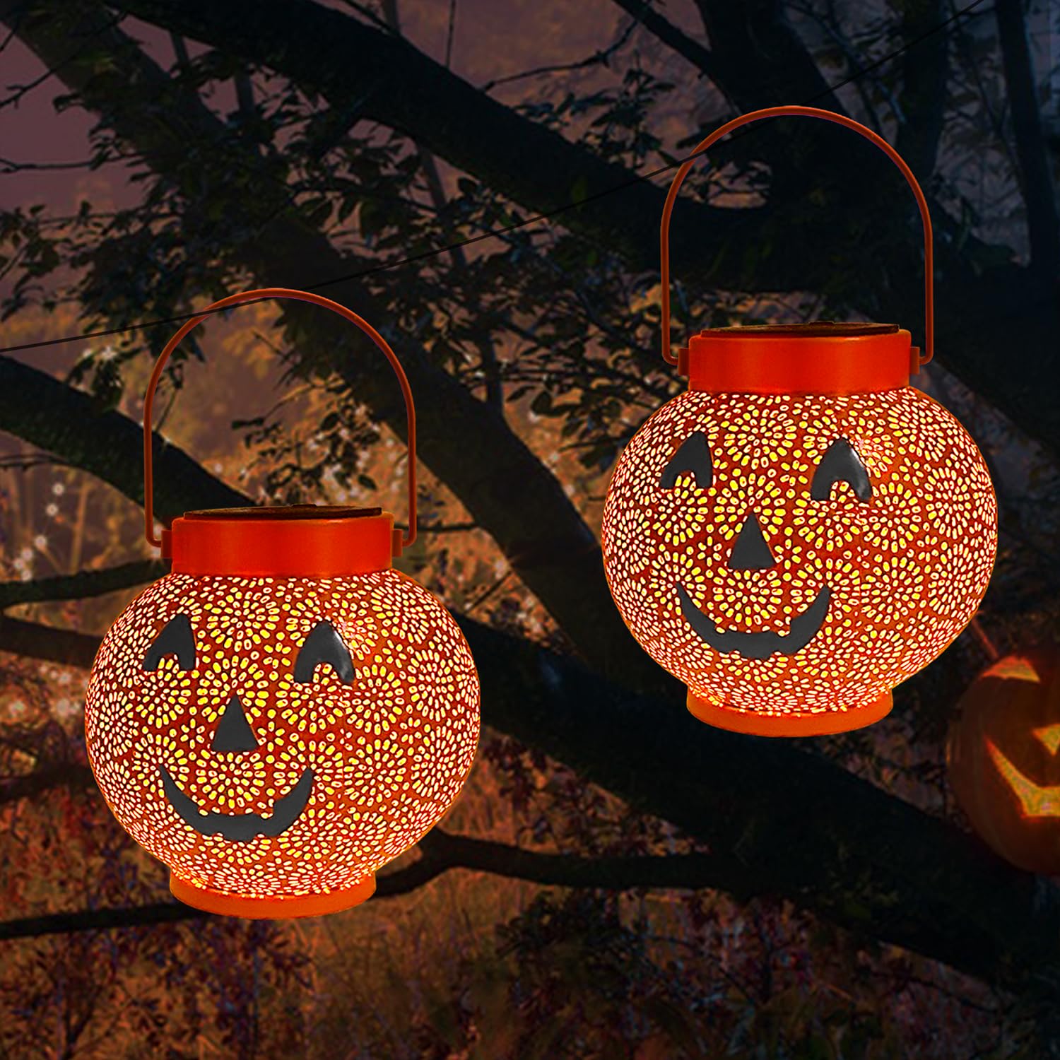 2 Pack Halloween Decorations Outdoor Pumpkin Solar Lanterns, Hanging Jack O Lantern Lights Pumpkin Outdoor Halloween Decor Metal Solar Lights for Outside, Yard, Patio, Lawn, Porch, Garden Decor