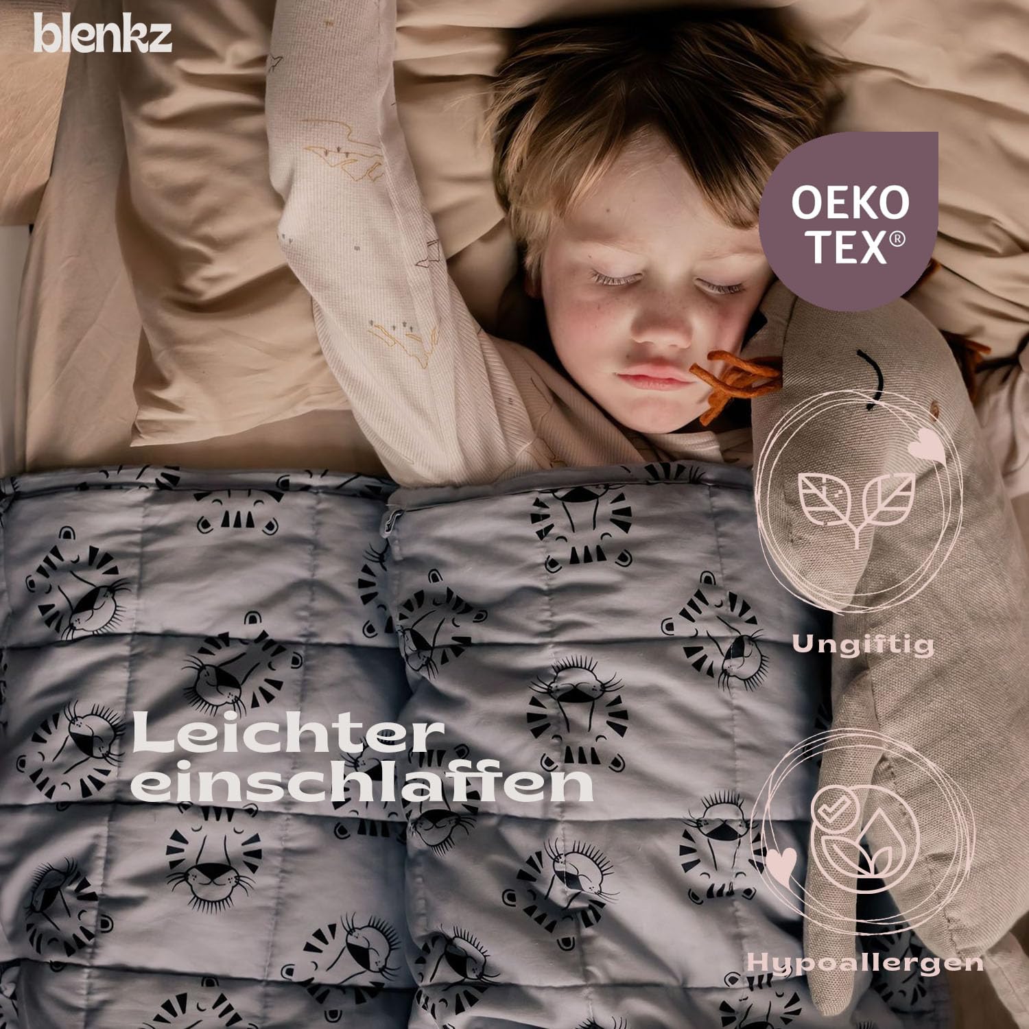 Gewichtsdecke Kinder 3,5 kg 100x150 cm Oeko-TEX Zertifiziert Baumwoll-Oberfläche Design Tigergesicht Blau