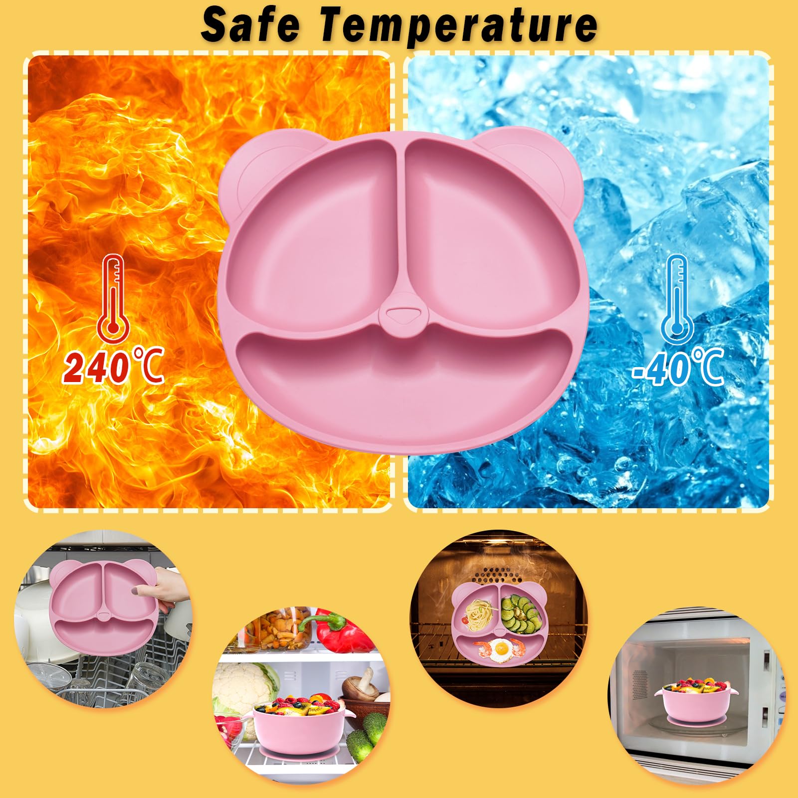Coffret Repas Bebe 10 Pièces, Assiette bebe Set Vaisselle Antiderapant Silicone avec Ventouse Assiette Bol Fourche Cuillère Bavoir et Tasse, Enfant Set Couverts Vaisselle, Sans BPA, Rose