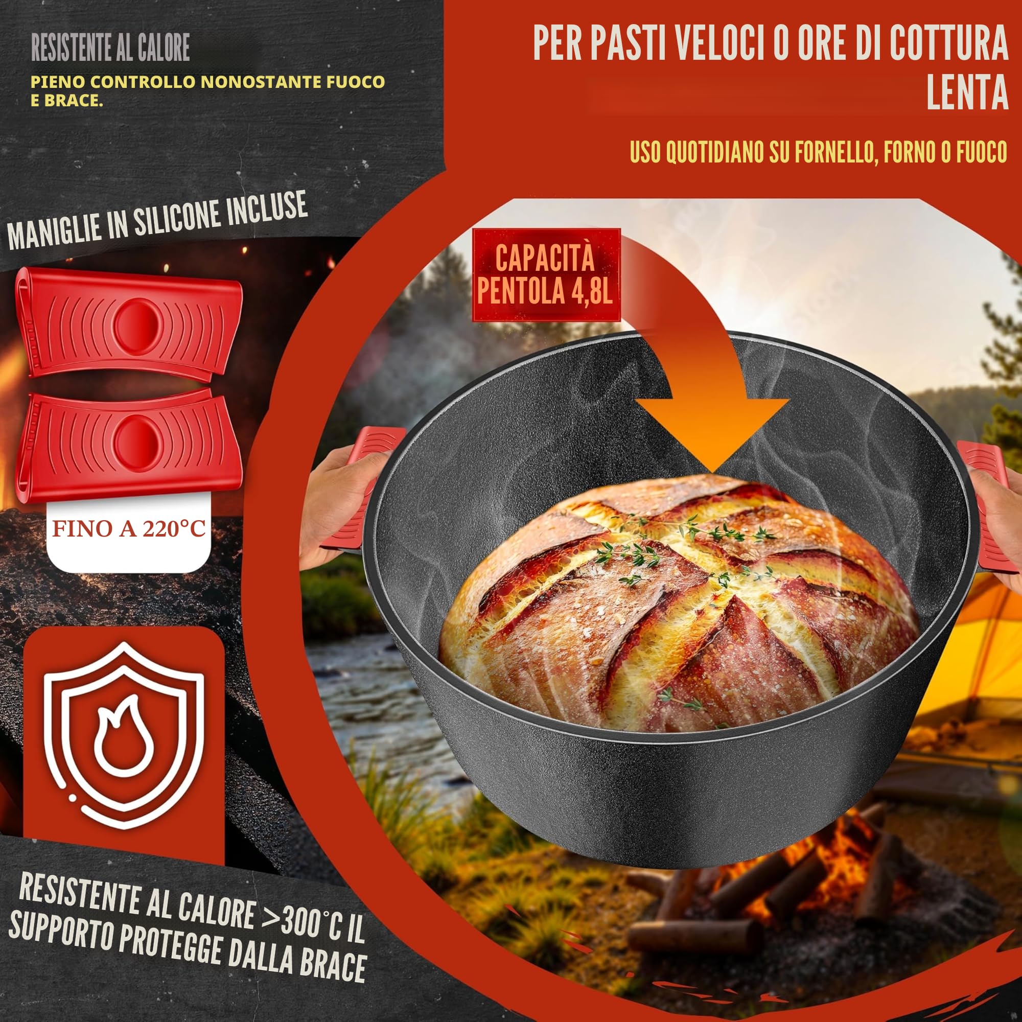 KESSER® Forno Olandese pentola in ghisa 2in1 da 4,8 l e padella da 1,8 l pronta per l'uso incl. Ricettario Casseruola Coperchio/padella a doppia funzione