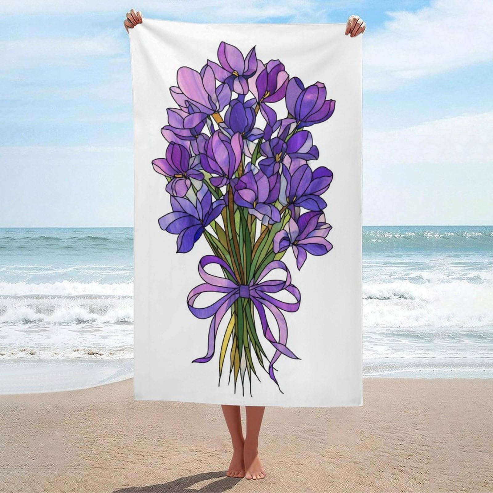 asbwuo Stained Glass Purple Flowers Tied with Ribbon Beach Towel