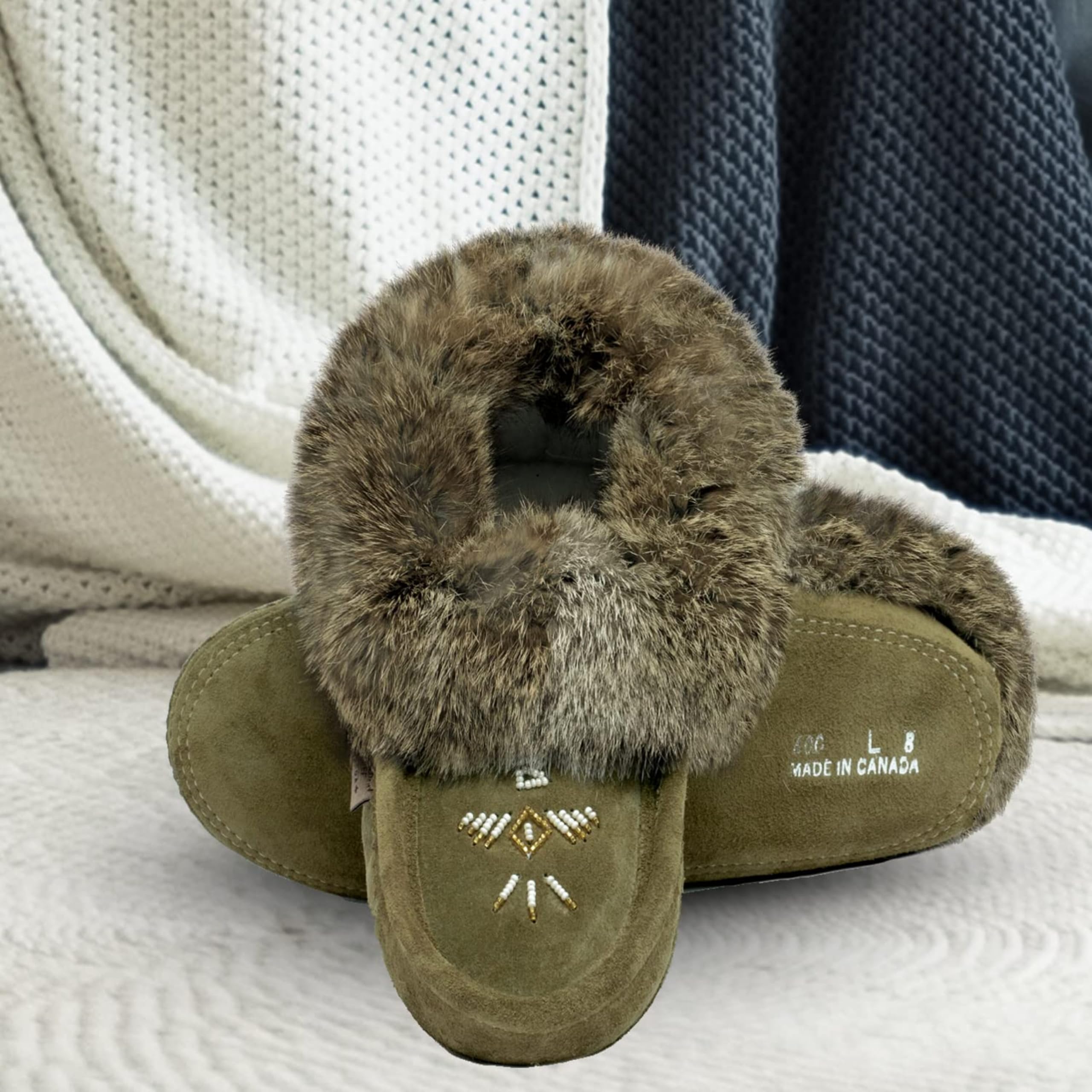 Laurentian Chief Moccasin Slippers for Women – Ladies Comfortable Slippers with Real Rabbit Fur Trim and Soft Faux Lining – Canada Quality Beaded Style Warmie Shoes for House Indoor