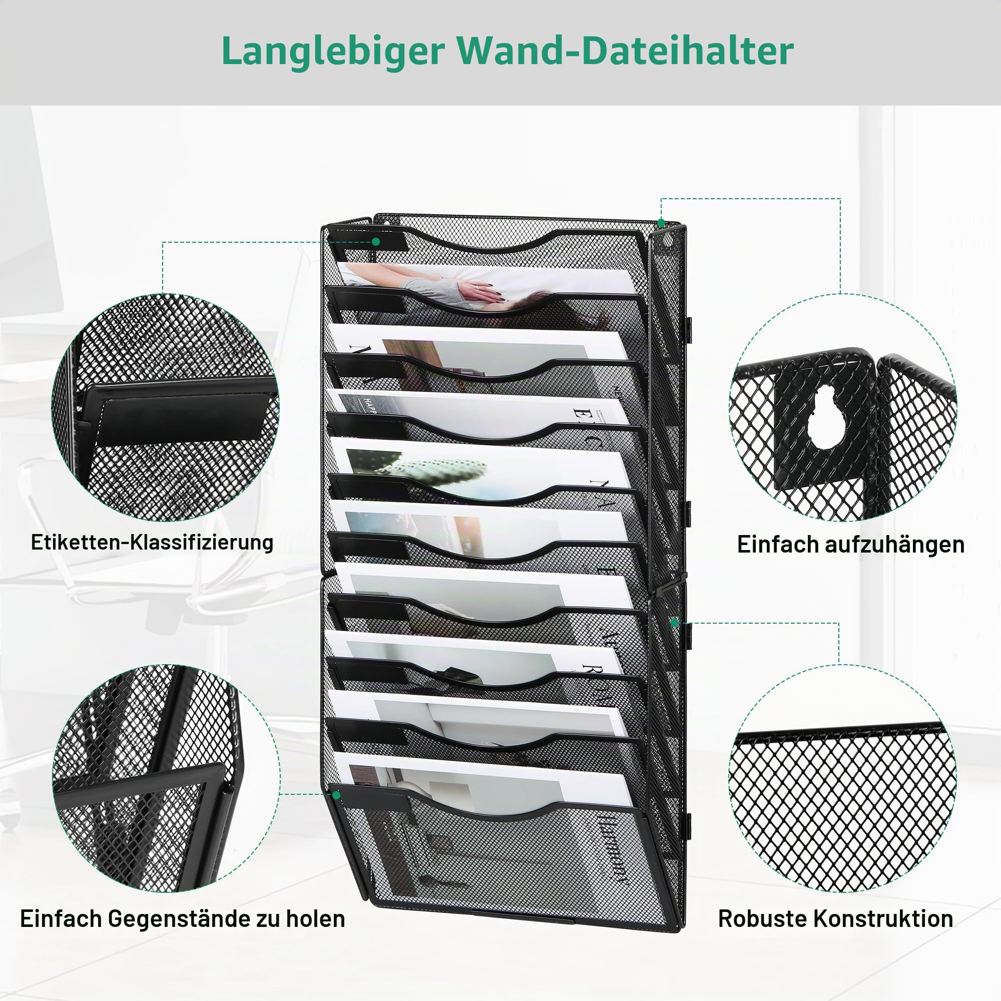 TQVAI Dokumenten Organizer 10 Fächer Metall Zeitschriftenhalter Wand A4 Papier Flyerhalter Postsortierer Dokumentenablage für Büro Zuhause Schule, Schwarz