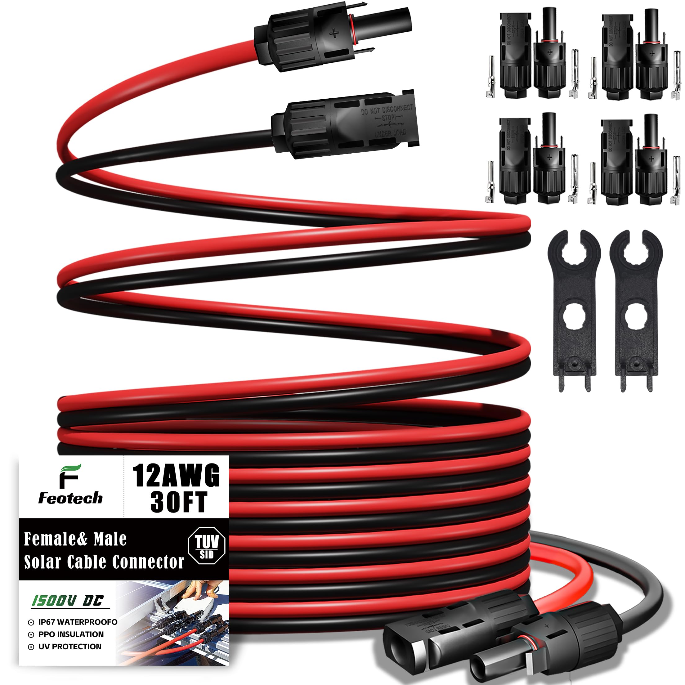 Prolunga solare a doppio filo da 9,1 m, connettore solare da 12 AWG (4 mm²), con 4 paia di connettori solari maschio/femmina IP67 per esterni, automobilistici, camper, barche, solari, colore