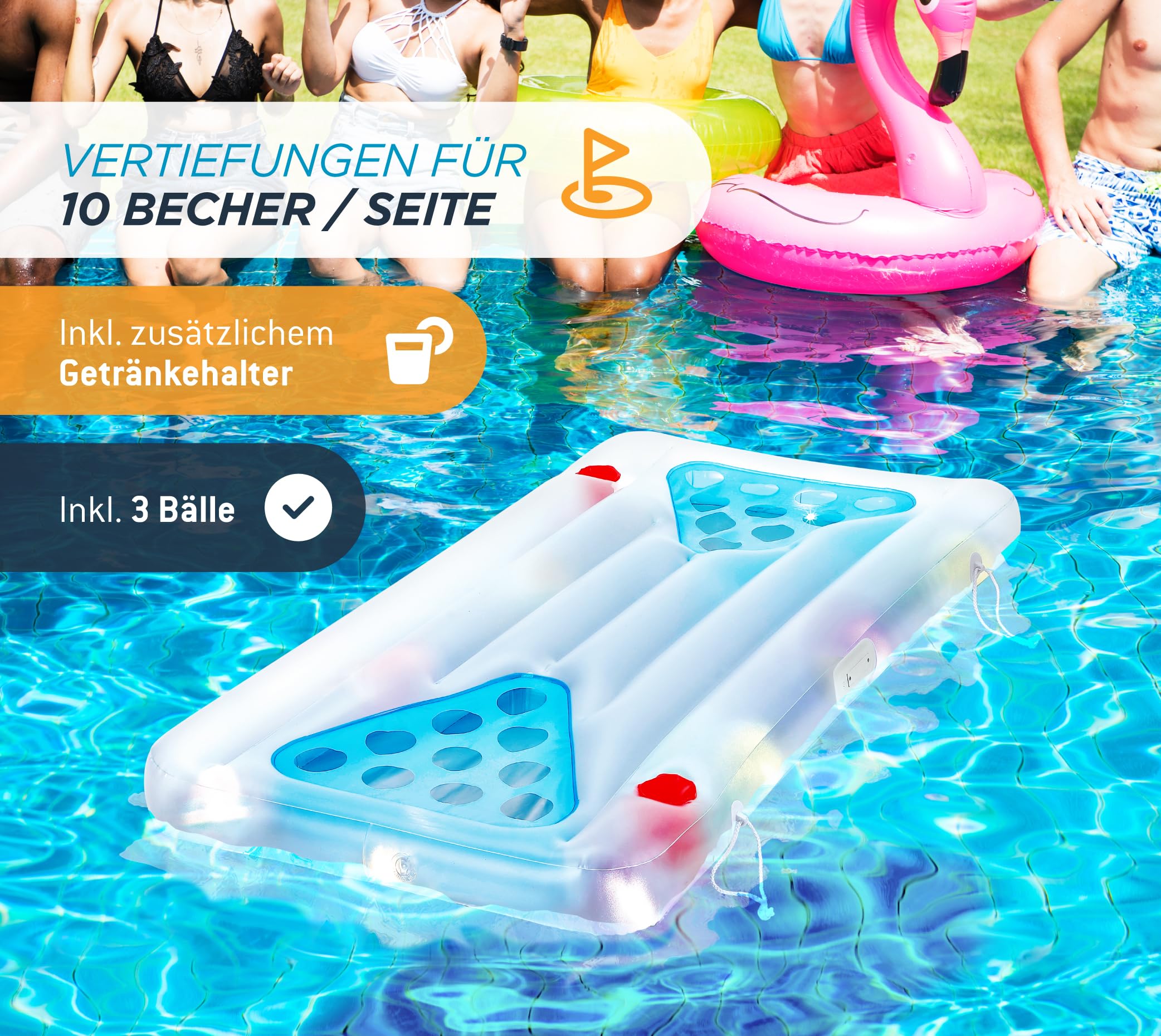 Summer Waves Bier Pong Luftmatratze inklusive LED | 160x84x19 cm Blau | Pool Trinkspiel | Aufblasbarer Beerpong Tisch | Partyzubehör