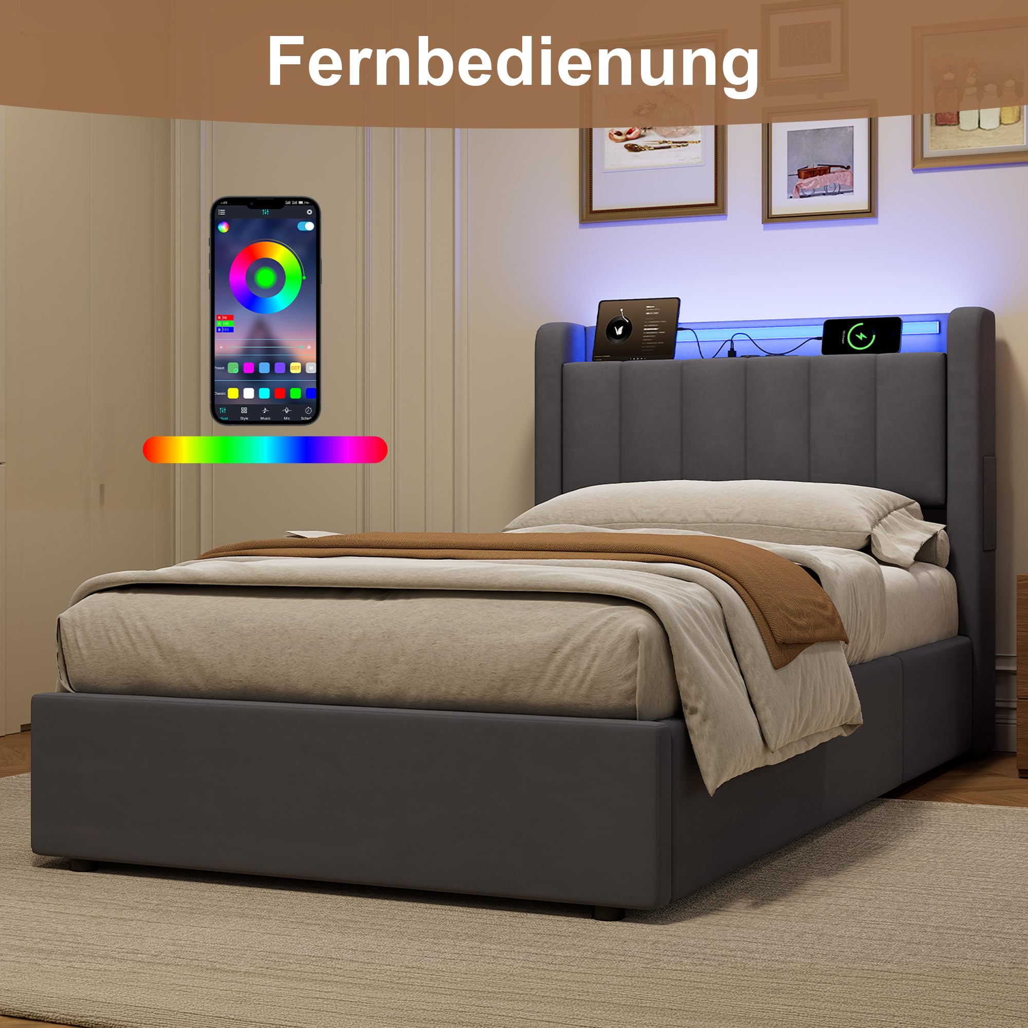 okwish Letto baule 90 x 190 cm con LED e USB, letto imbottito con testiera portaoggetti e contenitore idraulico, in velluto grigio scuro, senza materasso