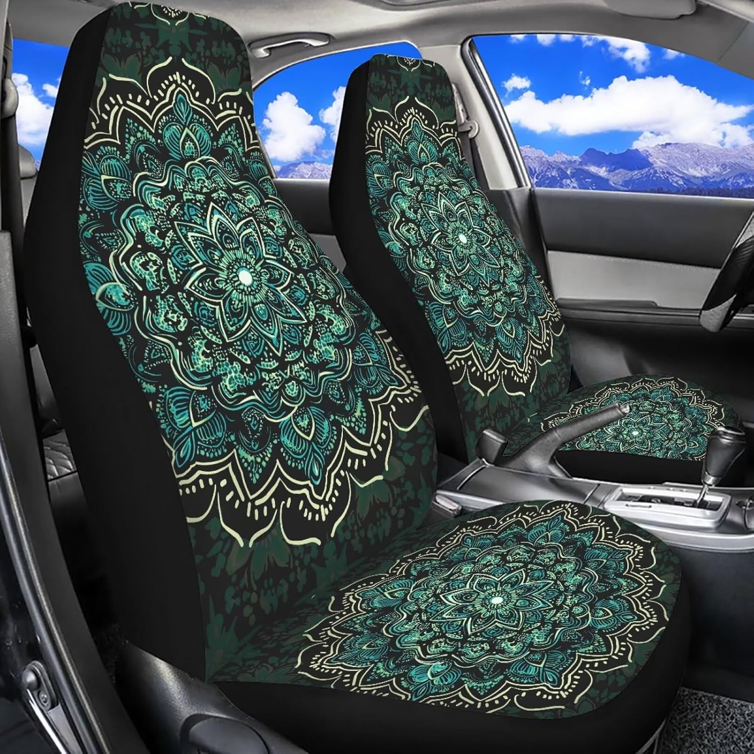 Bulopur Green Boho Mandala Car Seat Covers for Women Girly Anti-Skid Breathable Automobile Seat Covers for SUV Truck Van Front Seats Cushion Easy to Install