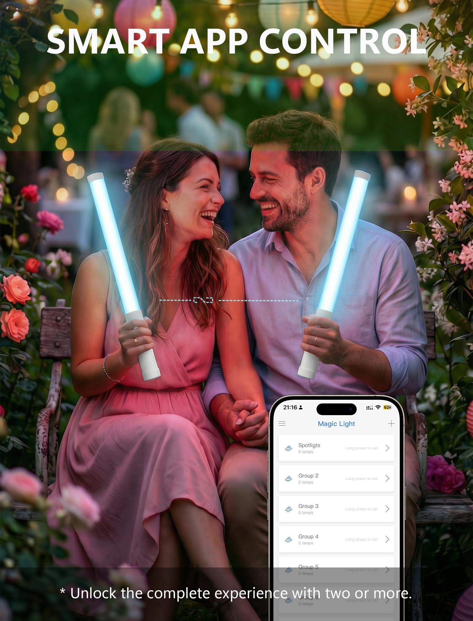 Palillos brillantes LED recargables inteligentes con control de aplicación y sincronización de música, barras de luz interactivas de primera calidad, recargables por USB-C, sincronización de