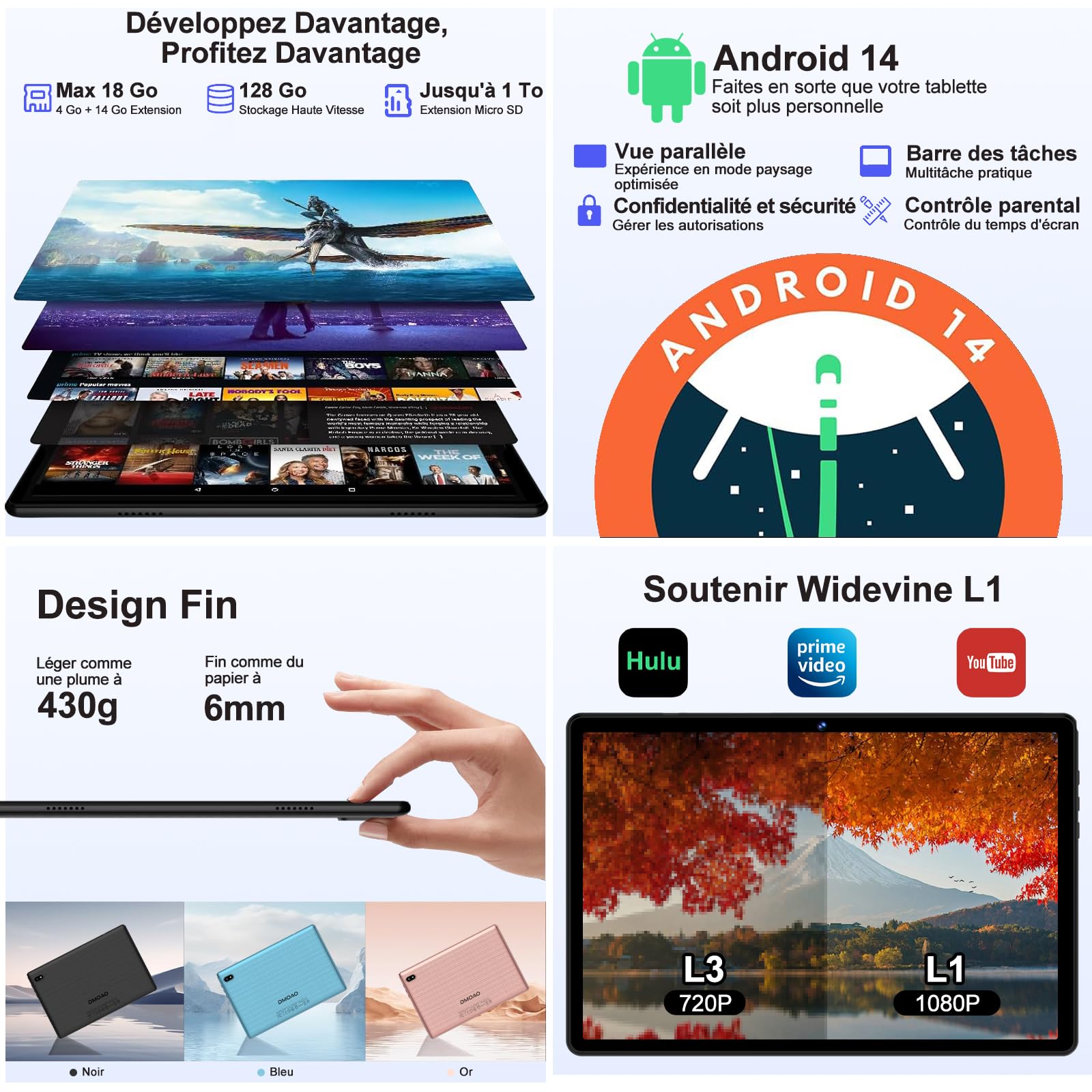 DMOAO Tablet 10 Pollici Android con 18GB RAM + 128GB ROM(TF 1TB), HD Tablet con 5G Wi-Fi 6, Widevine L1, Octa-Core 1.8 GHz, USB-C, BT 5.0, 6000mAh,Custodia, Nero