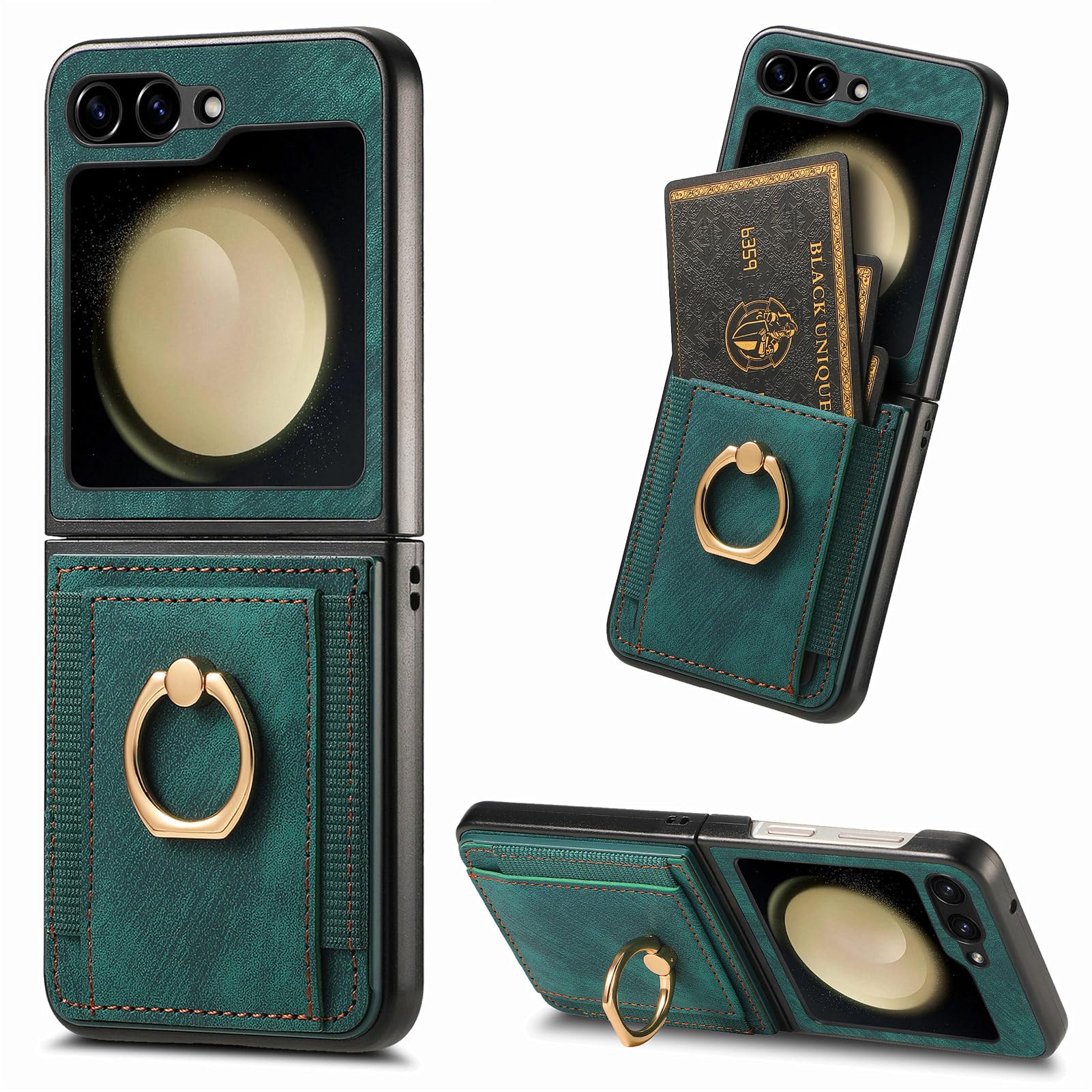 Asuwish Compatible with Samsung Galaxy Z Flip 5 5G 2023 Wallet Case and Card Slot Full Body Protective Case Metal Ring Holder Stand Kickstand Cell Phone Cover for ZFlip5 Z5 G Flip5 5Z Women Men Green