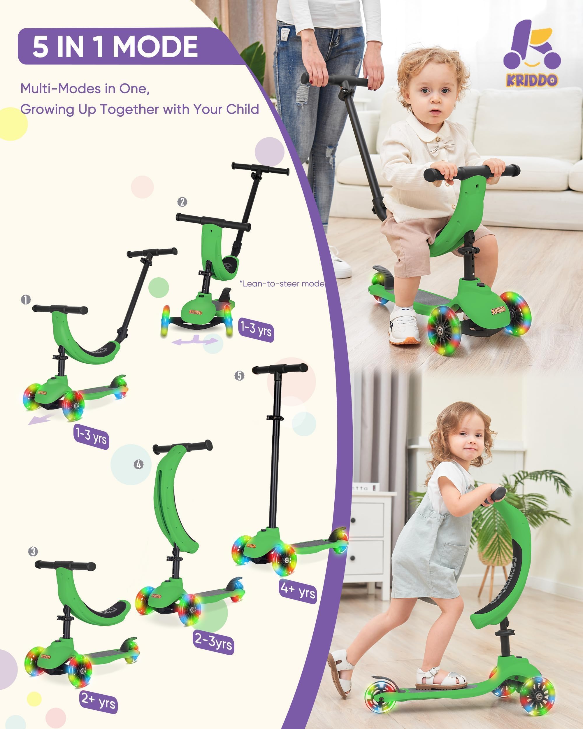 KRIDDO 5-in-1 Kids Kick Scooter, Lean-to-Steer, Toddler Toy Scooter with Adjustable Height, 3 Lighted Wheels, Ideal for Indoor & Outdoor, Gift for Kids Ages 1-5 Years, Green