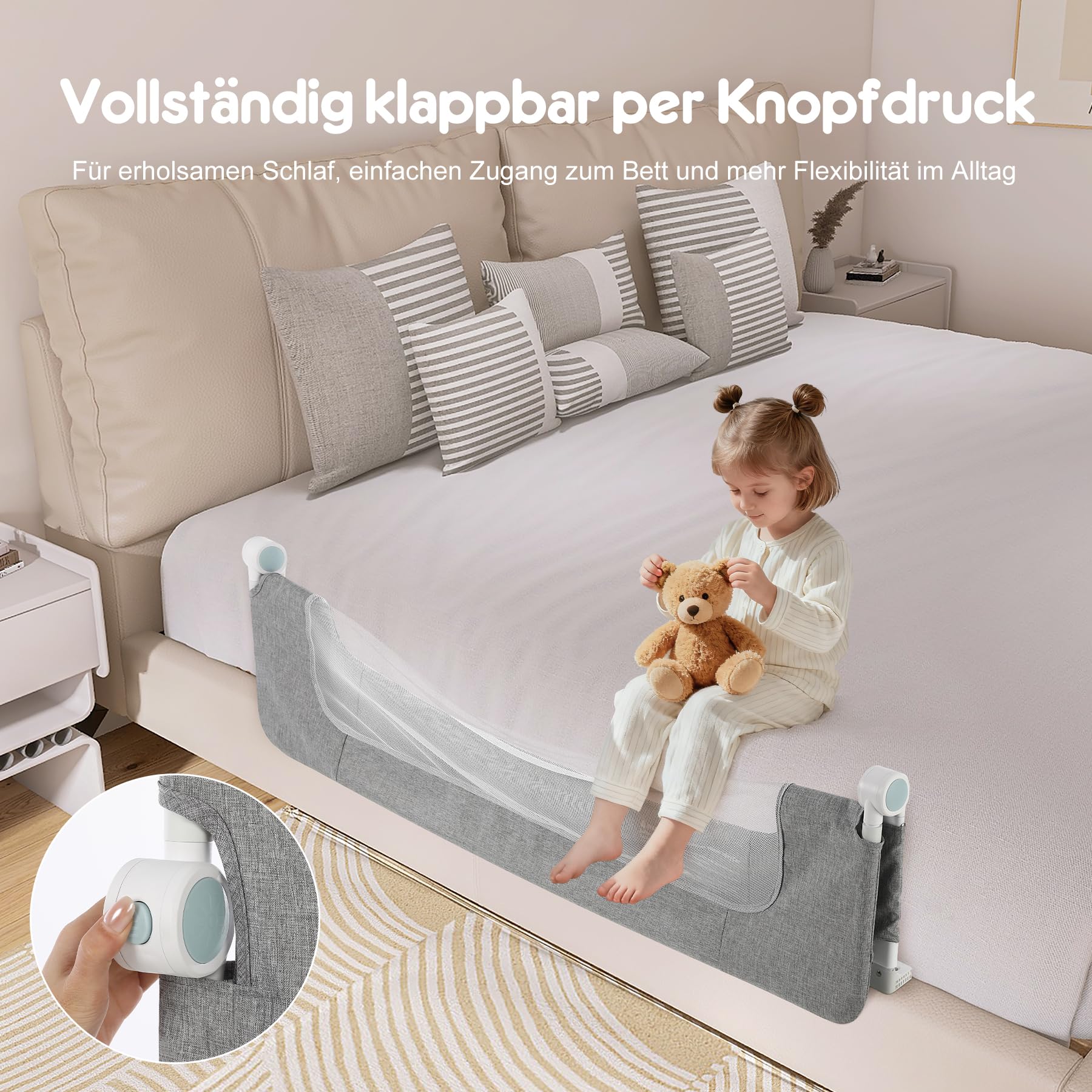 Kinder Rausfallschutz 120 cm, Zusammenklappbar, Stabiler Großrahmen, Anti-Kollisions-Design, einfache Montage – ohne Bohren, Grau