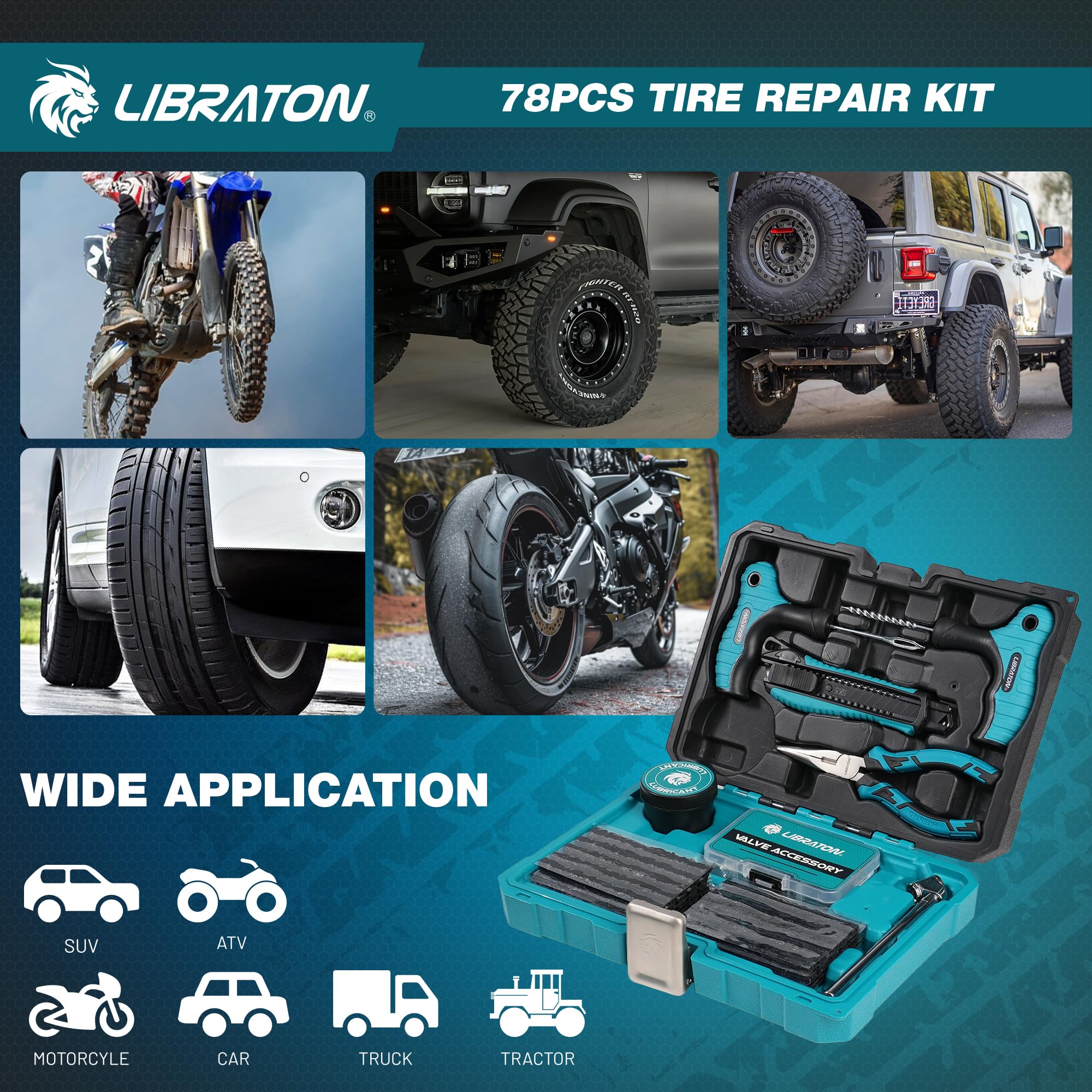 Libraton kit Antipinchazos Coche, 78PCS kit Repara Pinchazos Coche Profesional para Reparar Pinchazos y Parches en Neumáticos sin Cámara, Compacto para Coches, Motos, SUVs, ATVs, Tractores y Remolques