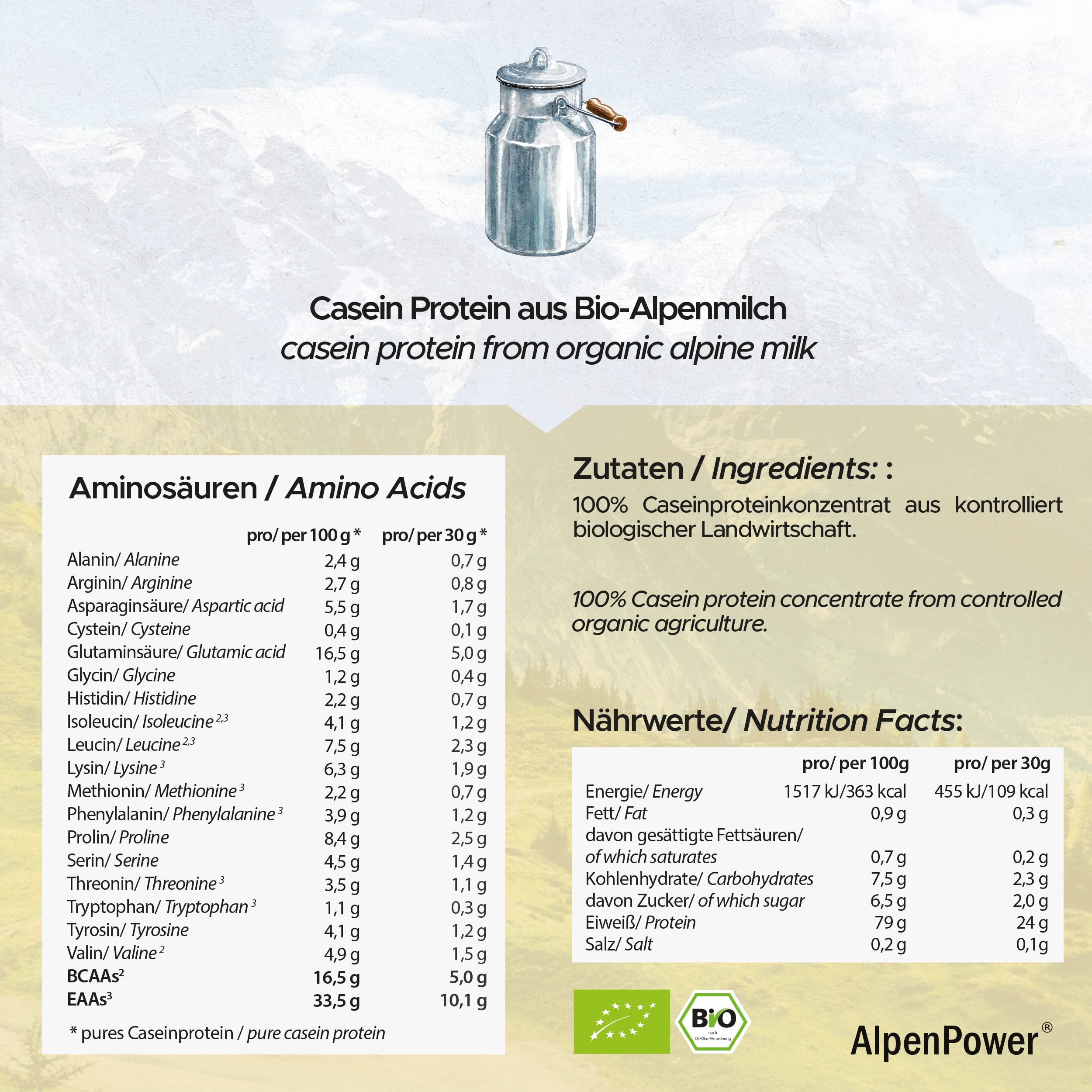 AlpenPower proteina caseina micellare biologica con BCAA e aminoacidi - 100% proteine della caseina in polvere senza additivi - a base del miglior latte d'alpeggio biologico - 750 g