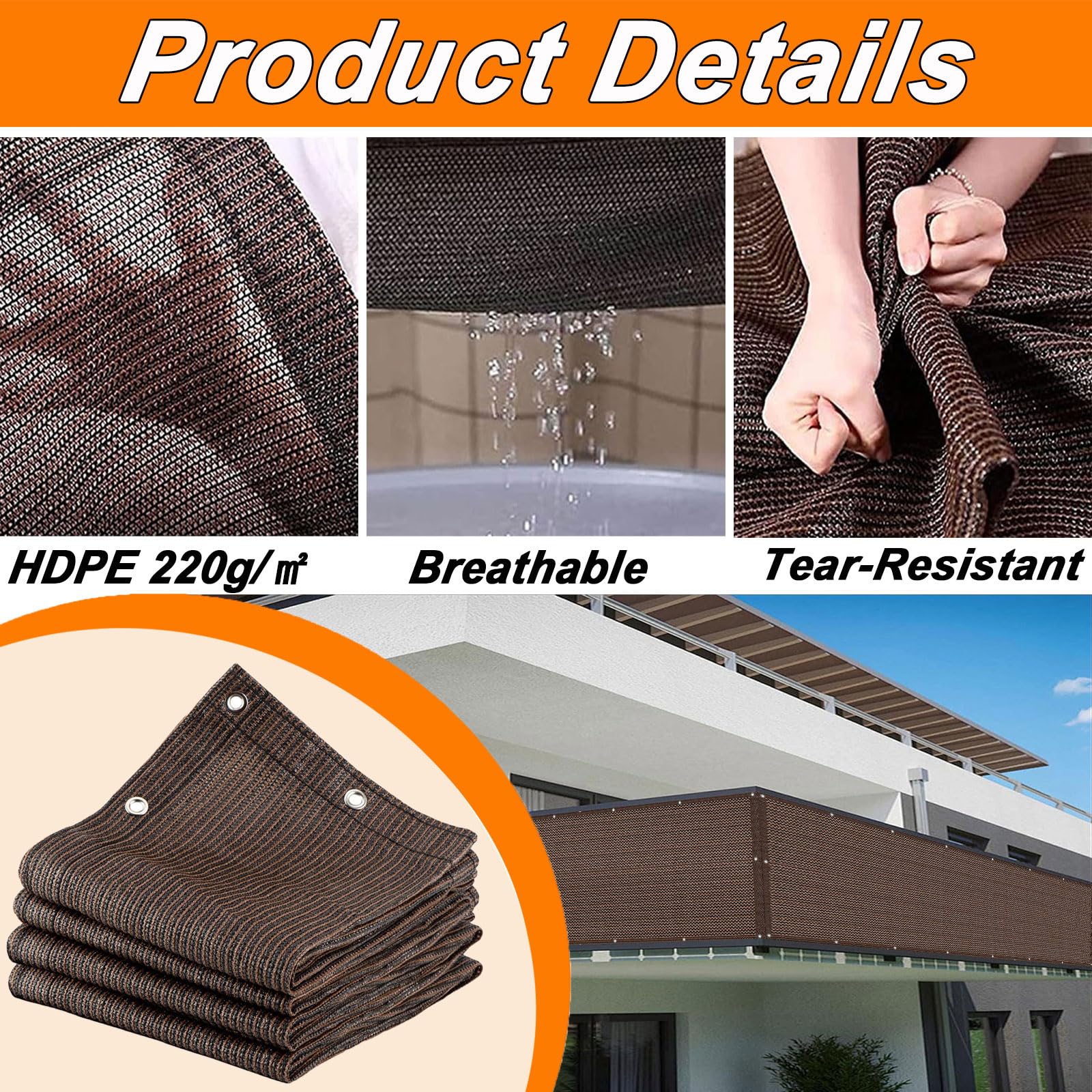 Balkon40 x 100 cm, resistente al viento, HDPE transpirable, protección solar opaca con ojales y lazos, barrera de privacidad para exteriores, color marrón