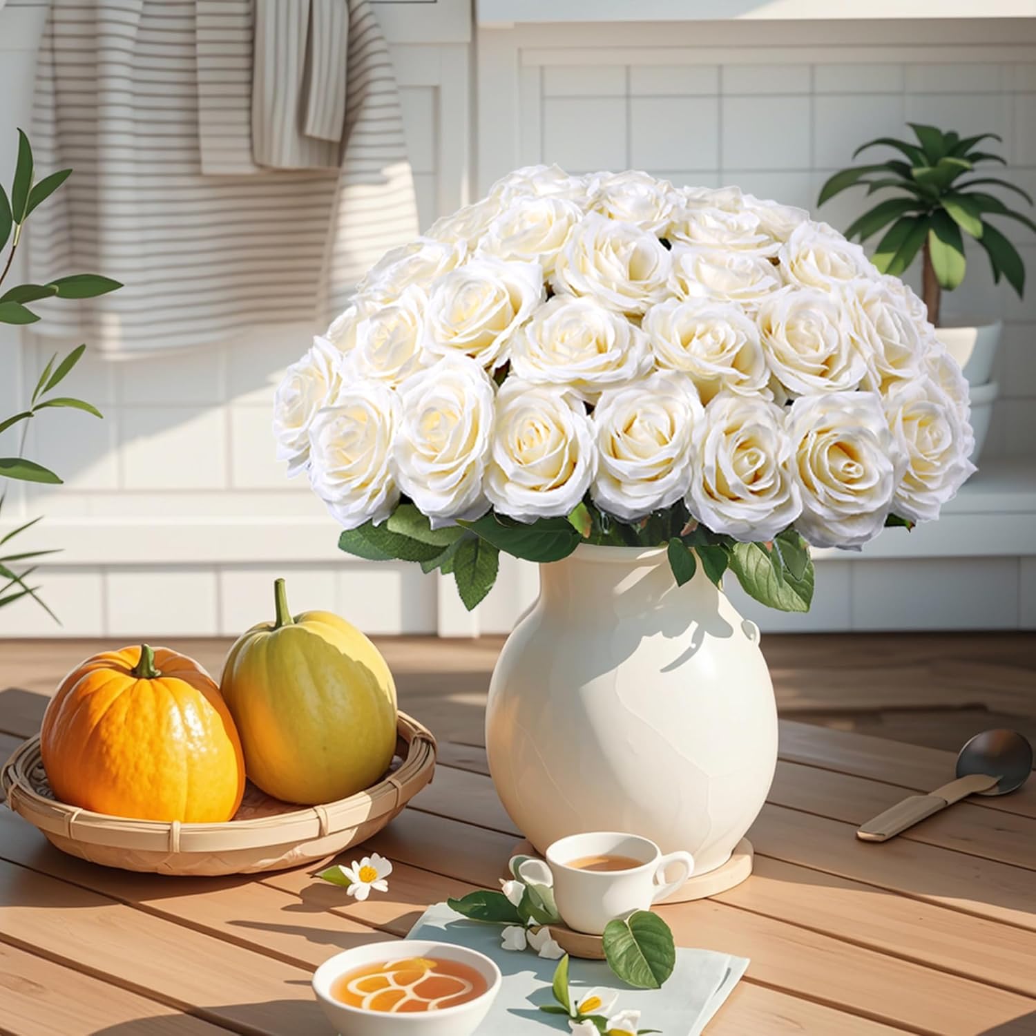LVEFIT Artificial Rose Flower Ivory Flowers Ivory Roses White Roses Silk Flowers 50 pcs with Long Stem Silk Roses Bouquet for Wedding Bridal Shower Party Home Decoration