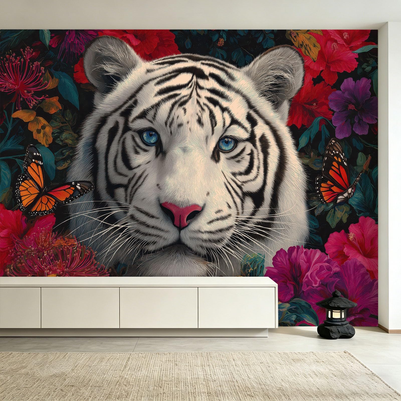 Générique Tapeta z włókniny tropikalnej dżungli, 200 x 140 cm, tygrys kwiaty zwierzę panoramiczne zdjęcie, łatwa do zainstalowania dekoracja ścienna do salonu, sypialni, kuchni