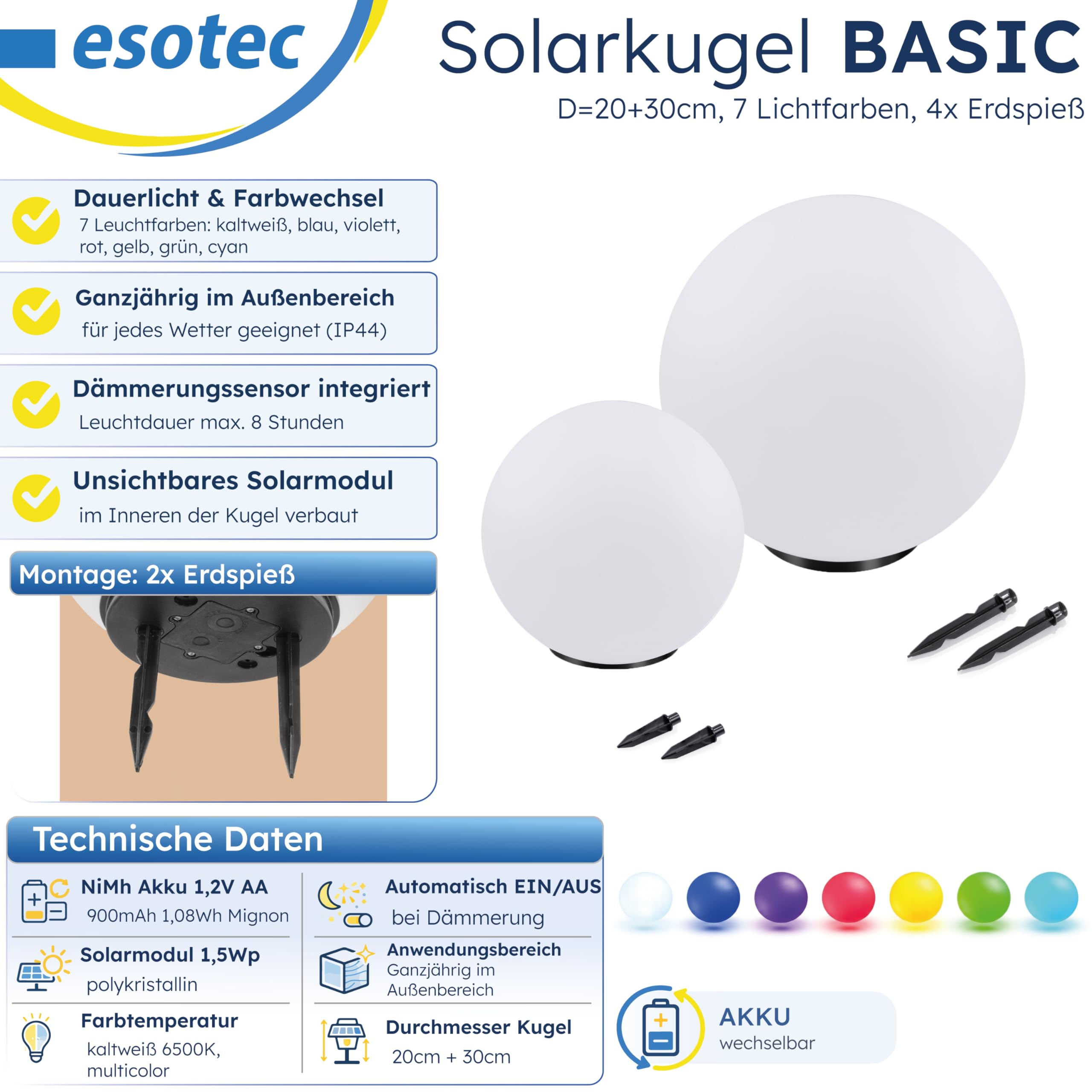 Esotec Solarkugeln für außen Solar Kugelleuchten Garten Basic 2er Set, Leuchtkugeln Garten ⌀20cm & ⌀30cm, 7 Lichtfarben, Farbwechsel, solar kugeln für außen winterfest, 102613