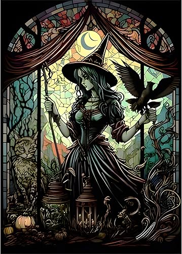SENQAO Arte de diamante de bruja 5D para adultos, pinturas de puntos de diamante de taladro completo de vidrieras, pintura redonda de gato con