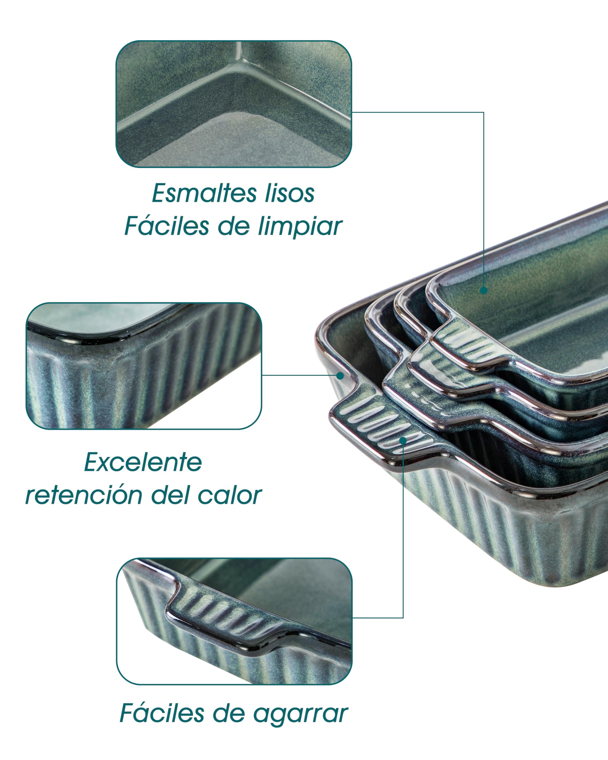 vancasso Auflaufform, 4-teilig Set Auflaufform Groß & Klein (37, 30, 28, 24 cm), Lasagne Auflaufform Rechteckig mit Griffen, Baking Dish aus Steingut Ofen & Spülmaschinenfest, Grün