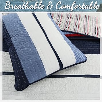 Cozy Line Home Fashions Navy Blue Red Striped Boy 100% Cotton Reversible Quilt Bedding Set, All-Season Coverlet Bedspread (Berlin, Twin - 2 Piece)