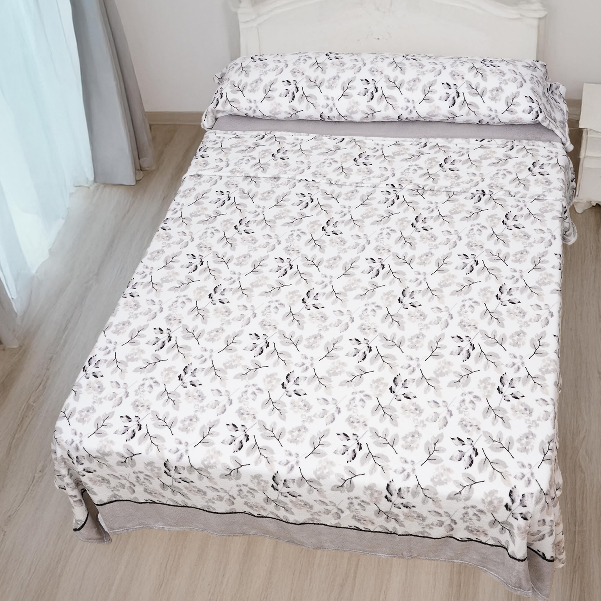 Etrexonline Juego de Sábanas 3 Piezas Coralina Térmica para Invierno - Incluye Sábana Bajera Ajustable, Encimera y Funda de Almohada - Tacto Suave y Cálido - Hojas Gris, Cama 150cm