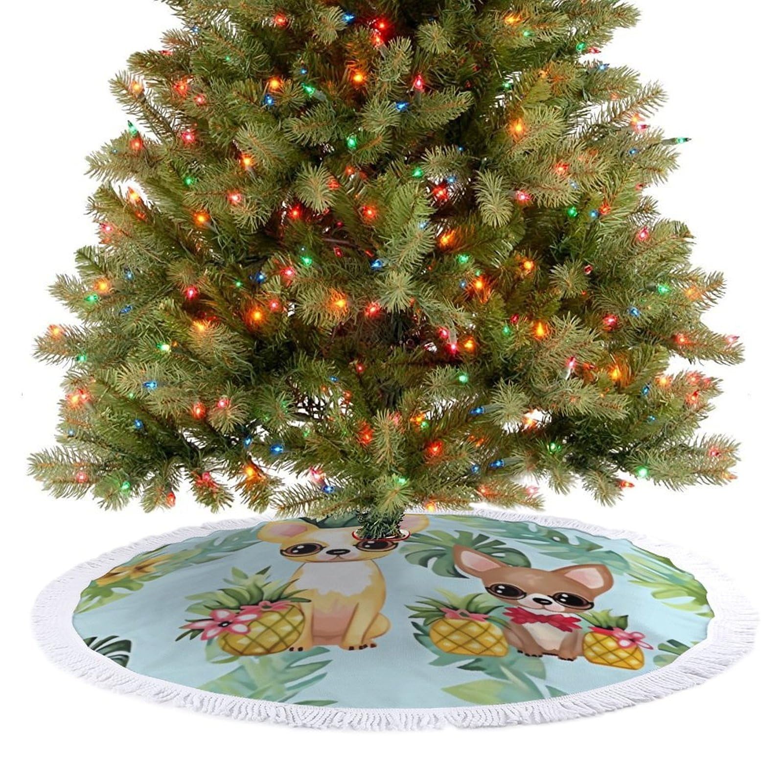 Chihuahua Dog Pineapple Christmas Tree Skirt 30"x30" Rustic Xmas Tree Mat with Tassel Ornament Christmas Trees Cover Skirt Mat for Evergreen Trees Ornament Winter Holiday Mats Decorations