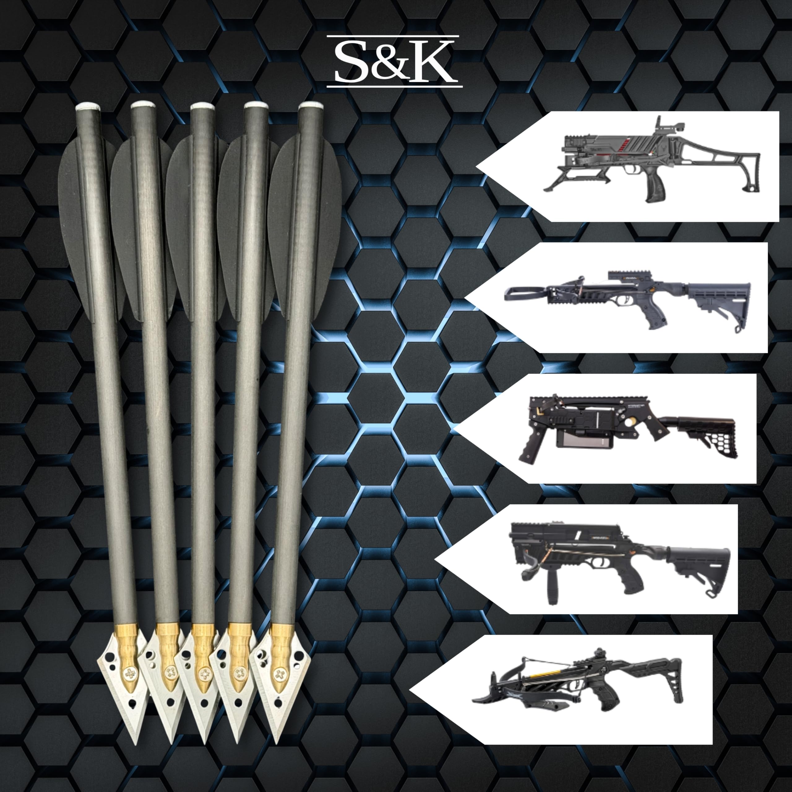 S&K - 5X Carbon Jagdbolzen 6,3" für Pistolenarmbrust – Kompatibel mit Steambow Stinger, EK Archery Vlad & Cobra, Mey Interceptor UVM. – Hochpräzise Armbrustpfeile mit Jagdspitzen & schwarzen Vanes