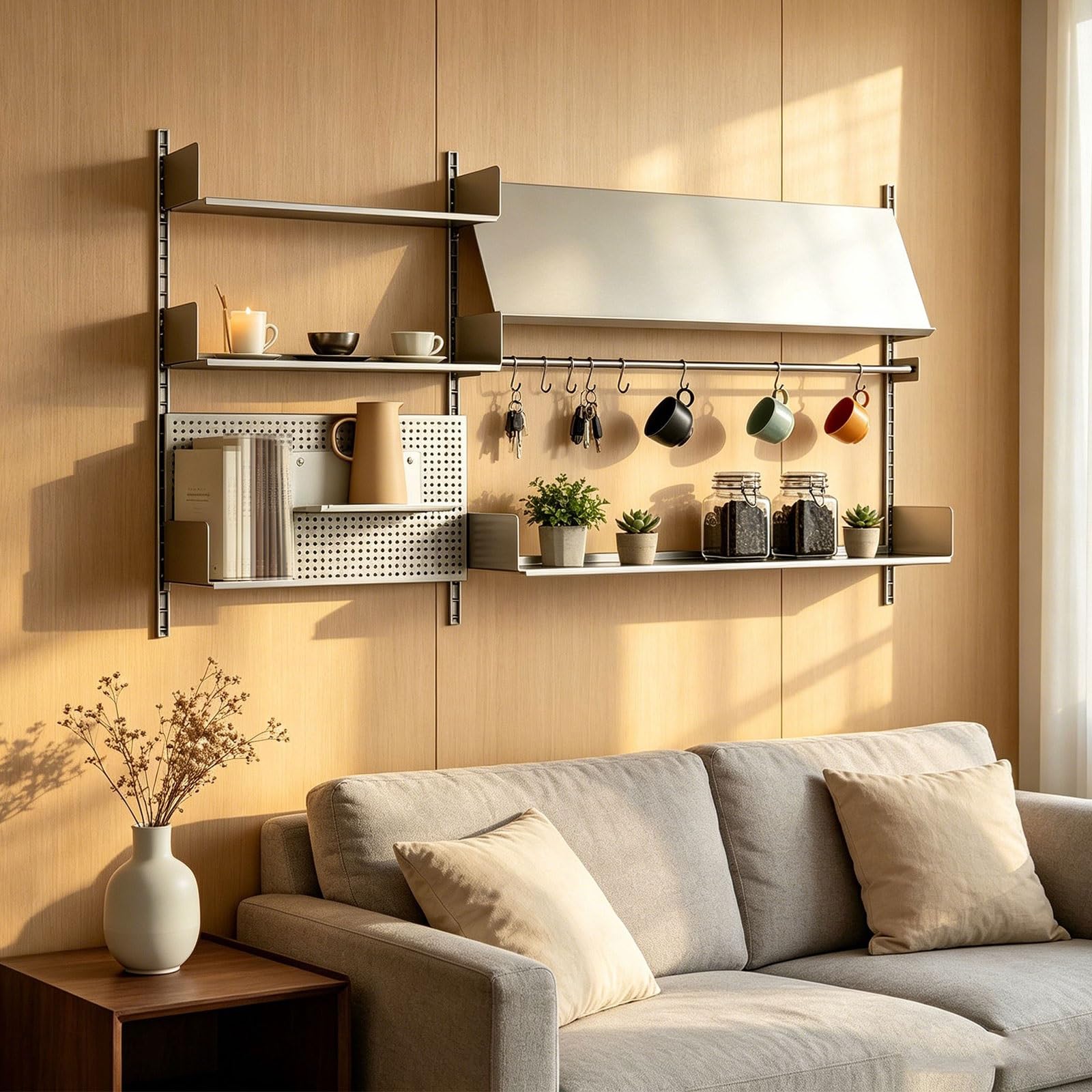 Pegboard Wall Organizer Acero Inoxidable Metal Organizador Dormitorio Altura de Estantes Ajustable Panel Perforado Pared Capacidad de Carga de 50Kg por Estante