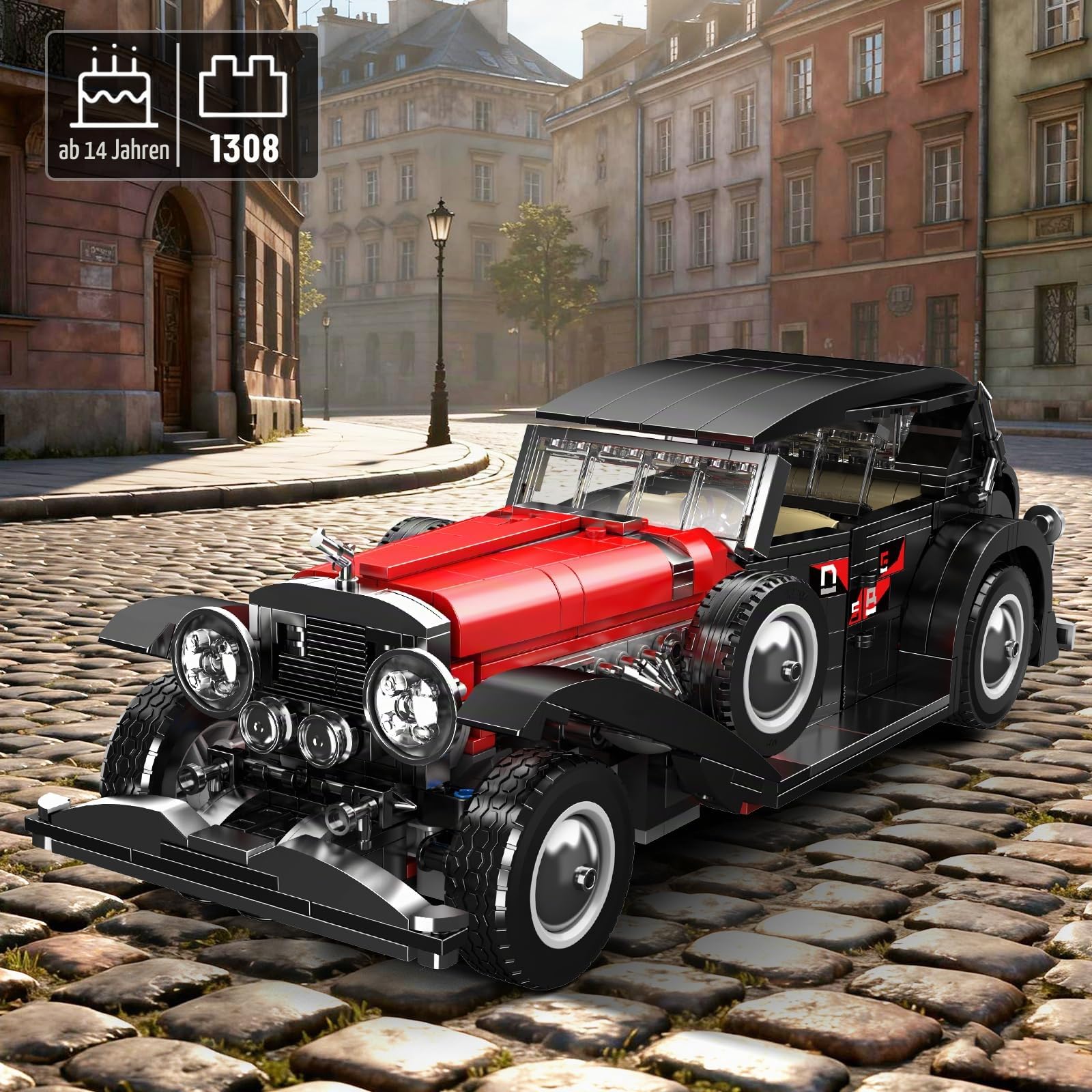 Mould King 10114 MOC Technik Oldtimer Auto Modell Klemmbausteine Bausatz Kit, 1308+ Stücke Klassisches Auto Sammlung Modell, für Jugendliche 14+/ Erwachsene/Fahrzeug Sammler